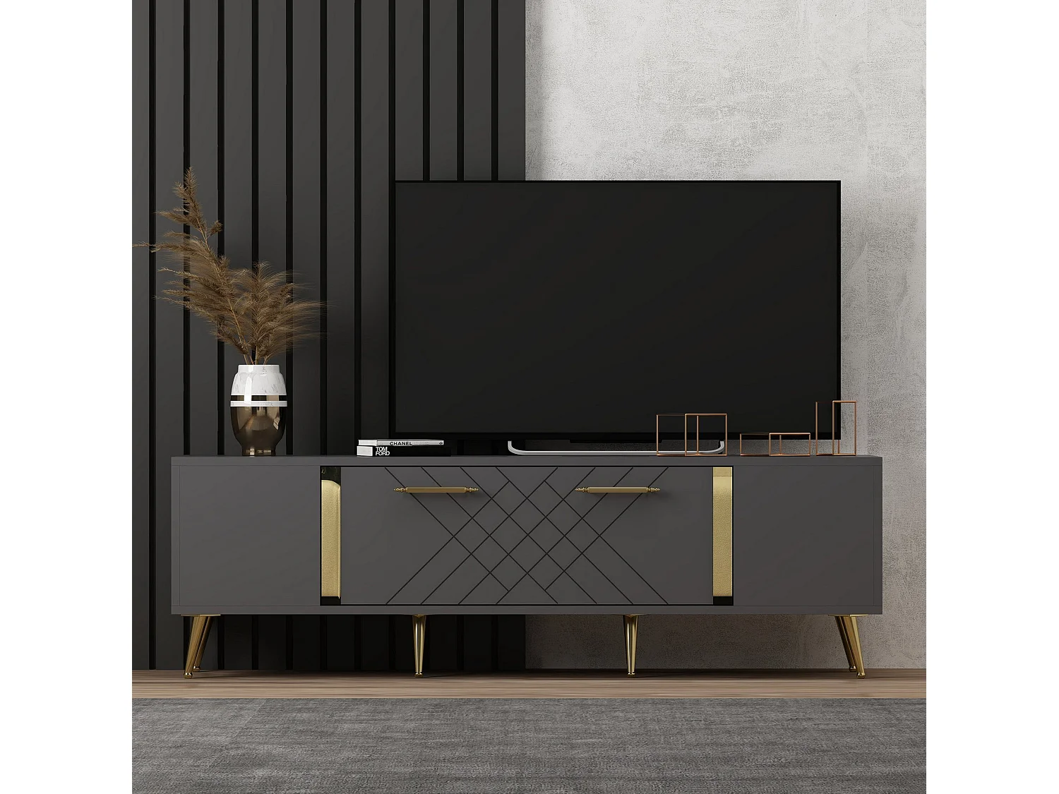 Mobile TV moderno – 150 cm x 48,2 cm x 35 cm – Antracite e Oro – Pannello truciolare rivestito in melaminico
