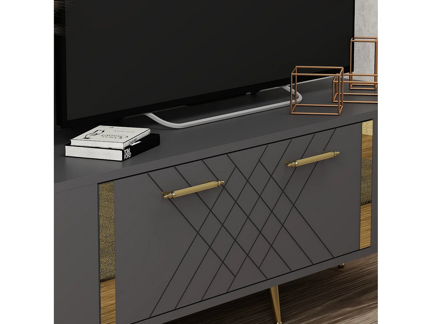 Mobile TV moderno – 150 cm x 48,2 cm x 35 cm – Antracite e Oro – Pannello truciolare rivestito in melaminico