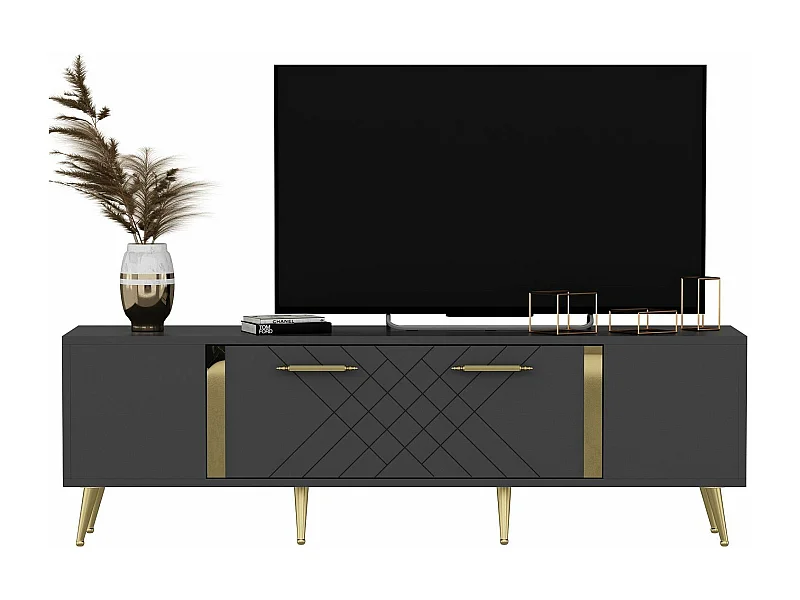 Moderner TV-Ständer – 150 cm x 48,2 cm x 35 cm – Anthrazit und Gold – Melaminbeschichtete Spanplatte