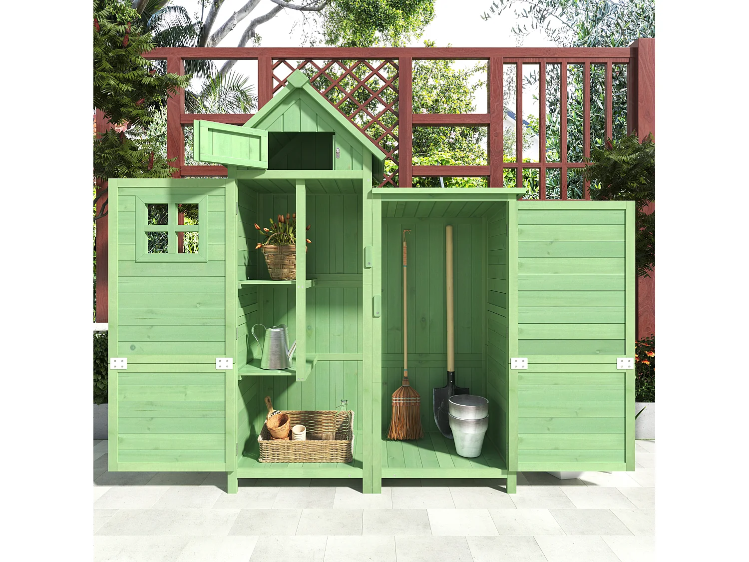 Massief houten tuinhuis met PVC schuin dak - 2 planken 3 klapdeuren - L118 x D54 x H173 cm - Groen