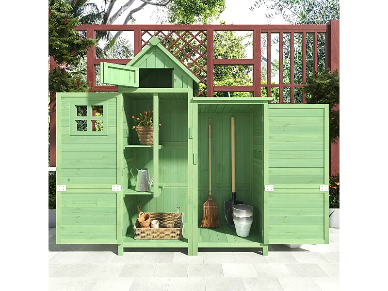 Massief houten tuinhuis met PVC schuin dak - 2 planken 3 klapdeuren - L118 x D54 x H173 cm - Groen