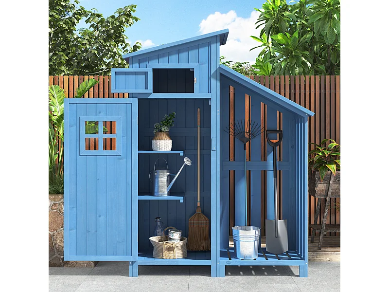 Abri de jardin en bois massif avec toit pente en PVC - 2 étagères 3 portes loquets - L124 x P46 x H174 cm - Bleu