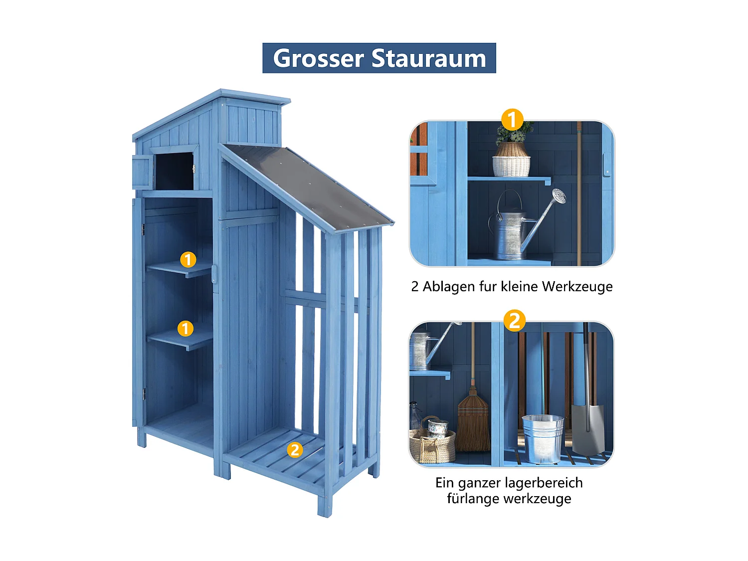 Abri de jardin en bois massif avec toit pente en PVC - 2 étagères 3 portes loquets - L124 x P46 x H174 cm - Bleu