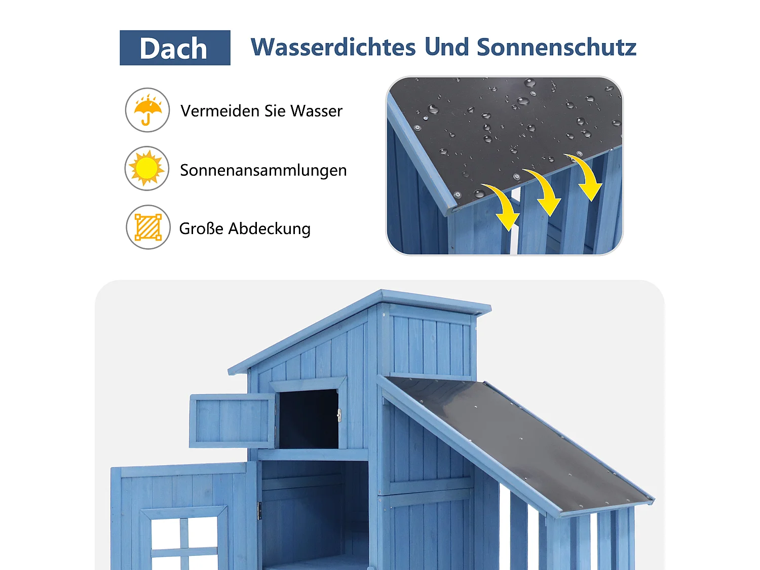 Abri de jardin en bois massif avec toit pente en PVC - 2 étagères 3 portes loquets - L124 x P46 x H174 cm - Bleu