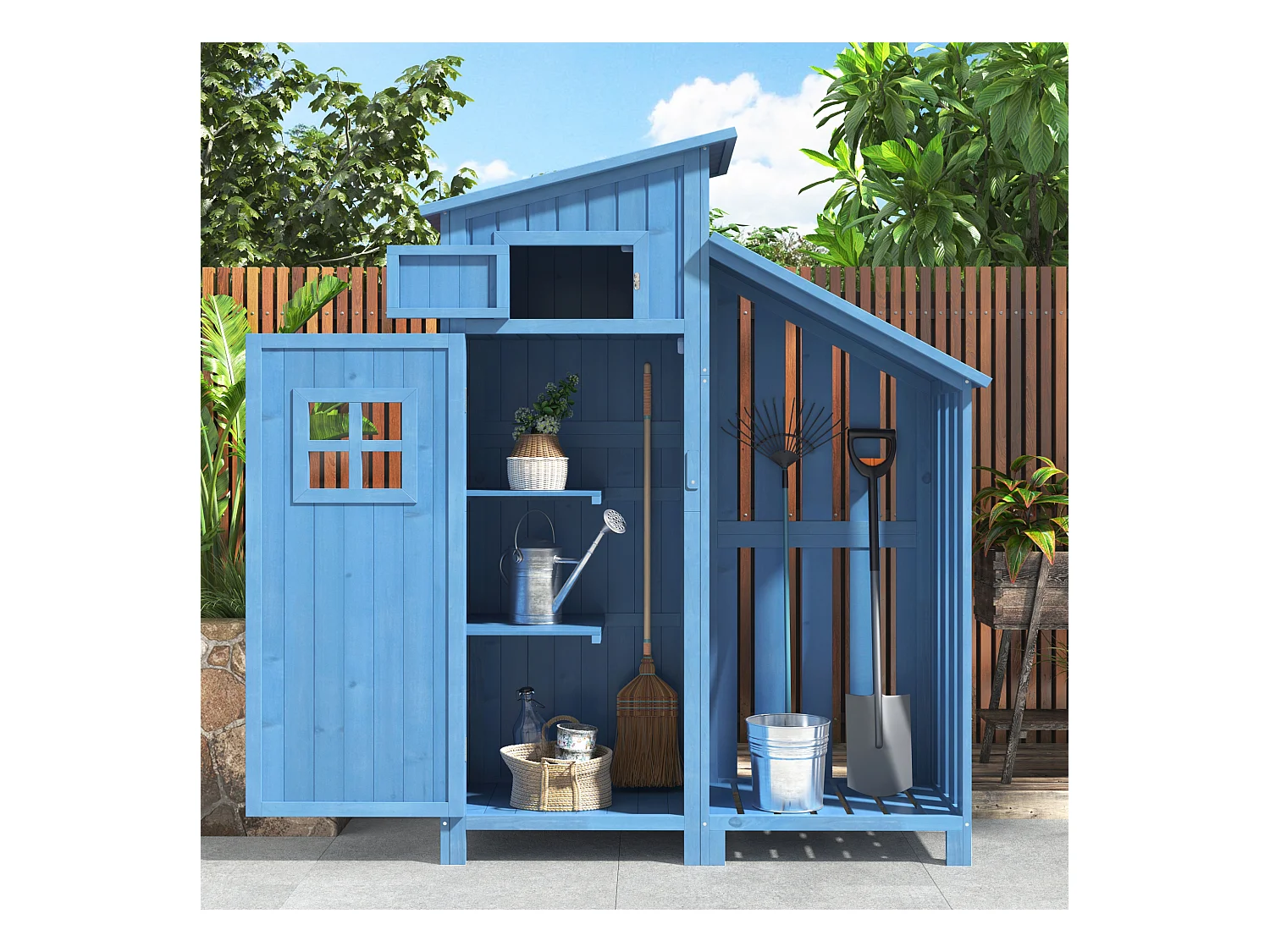 Abri de jardin en bois massif avec toit pente en PVC - 2 étagères 3 portes loquets - L124 x P46 x H174 cm - Bleu