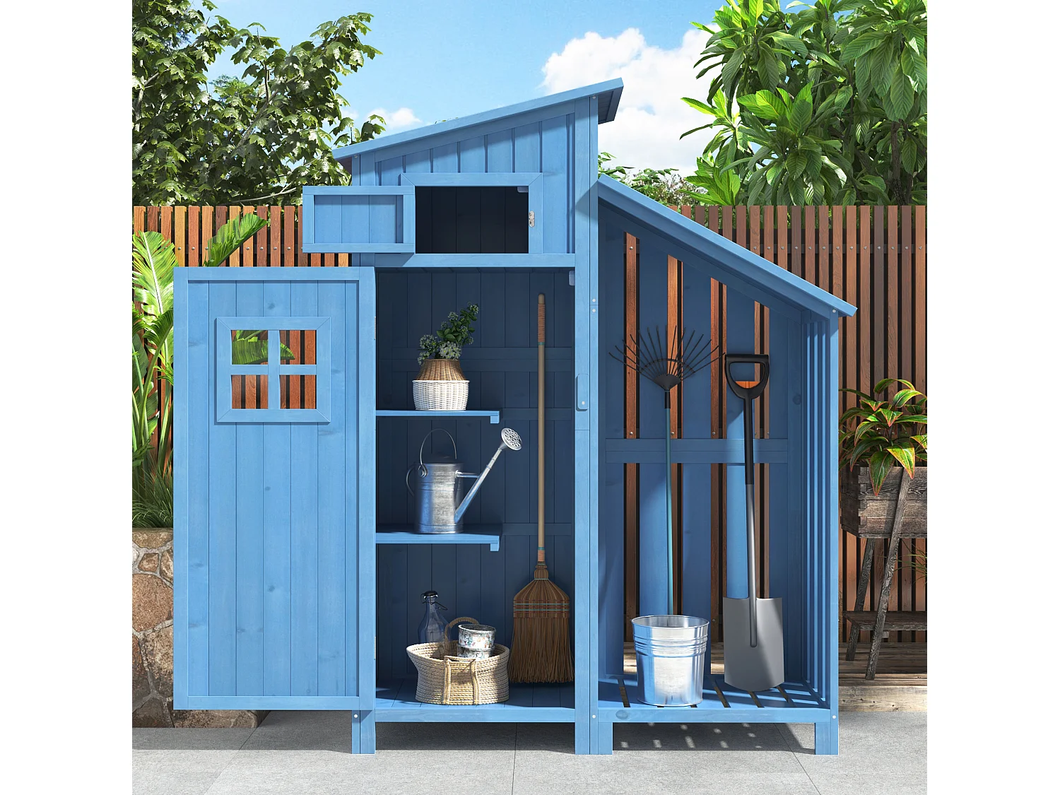 Abri de jardin en bois massif avec toit pente en PVC - 2 étagères 3 portes loquets - L124 x P46 x H174 cm - Bleu