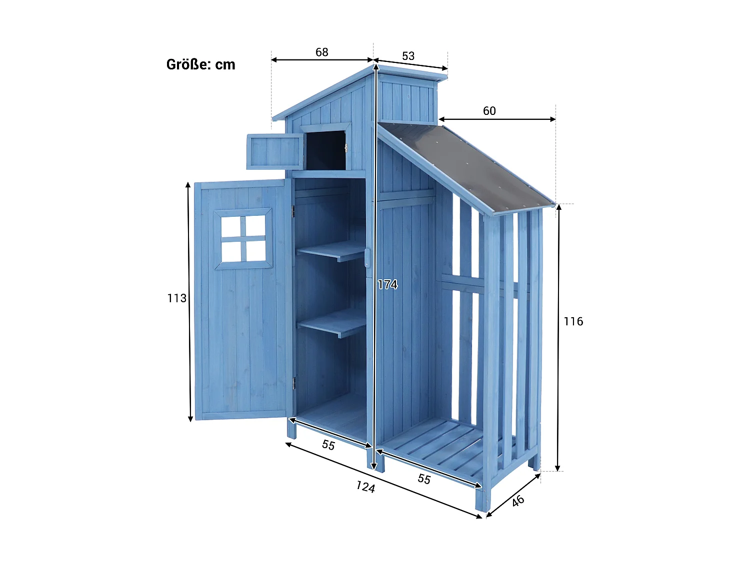 Abri de jardin en bois massif avec toit pente en PVC - 2 étagères 3 portes loquets - L124 x P46 x H174 cm - Bleu