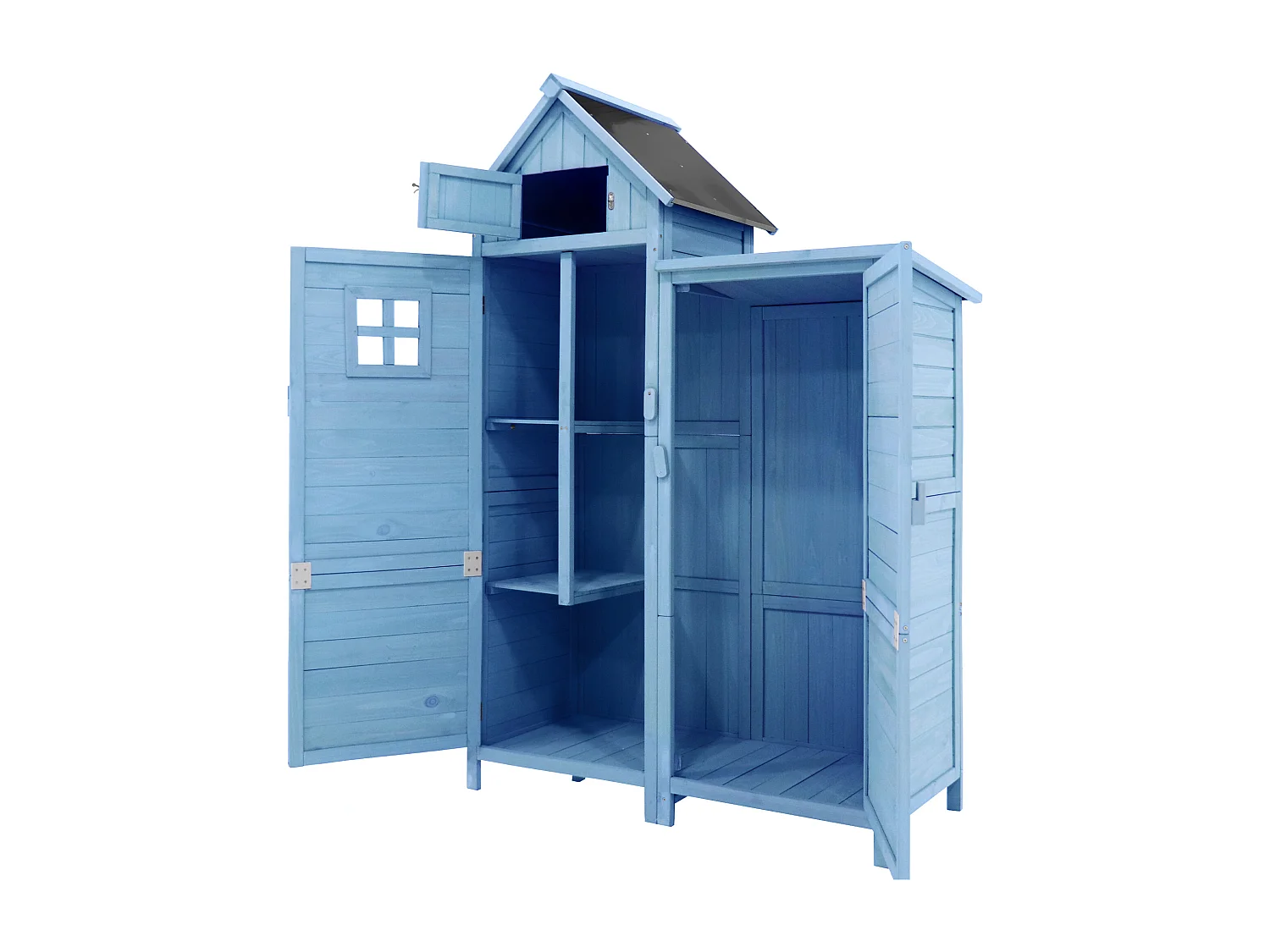 Massief houten tuinhuis met PVC schuin dak - 2 planken 3 klapdeuren - L118 x D54 x H173 cm - Blauw