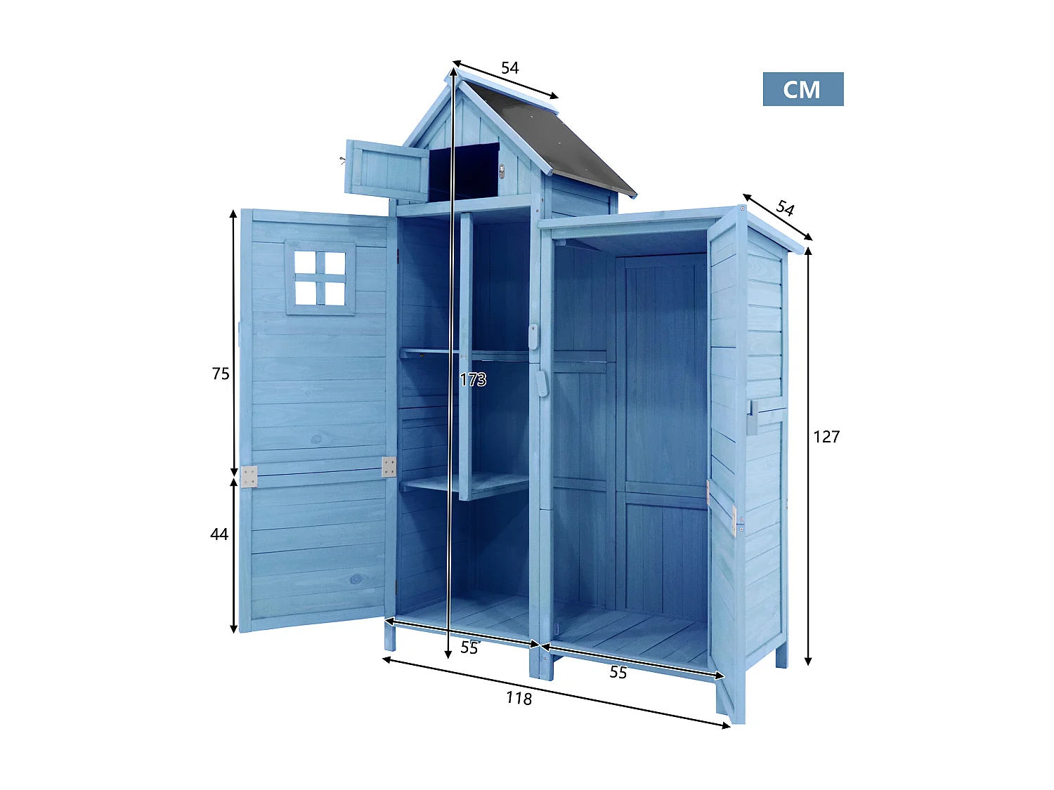 Massief houten tuinhuis met PVC schuin dak - 2 planken 3 klapdeuren - L118 x D54 x H173 cm - Blauw