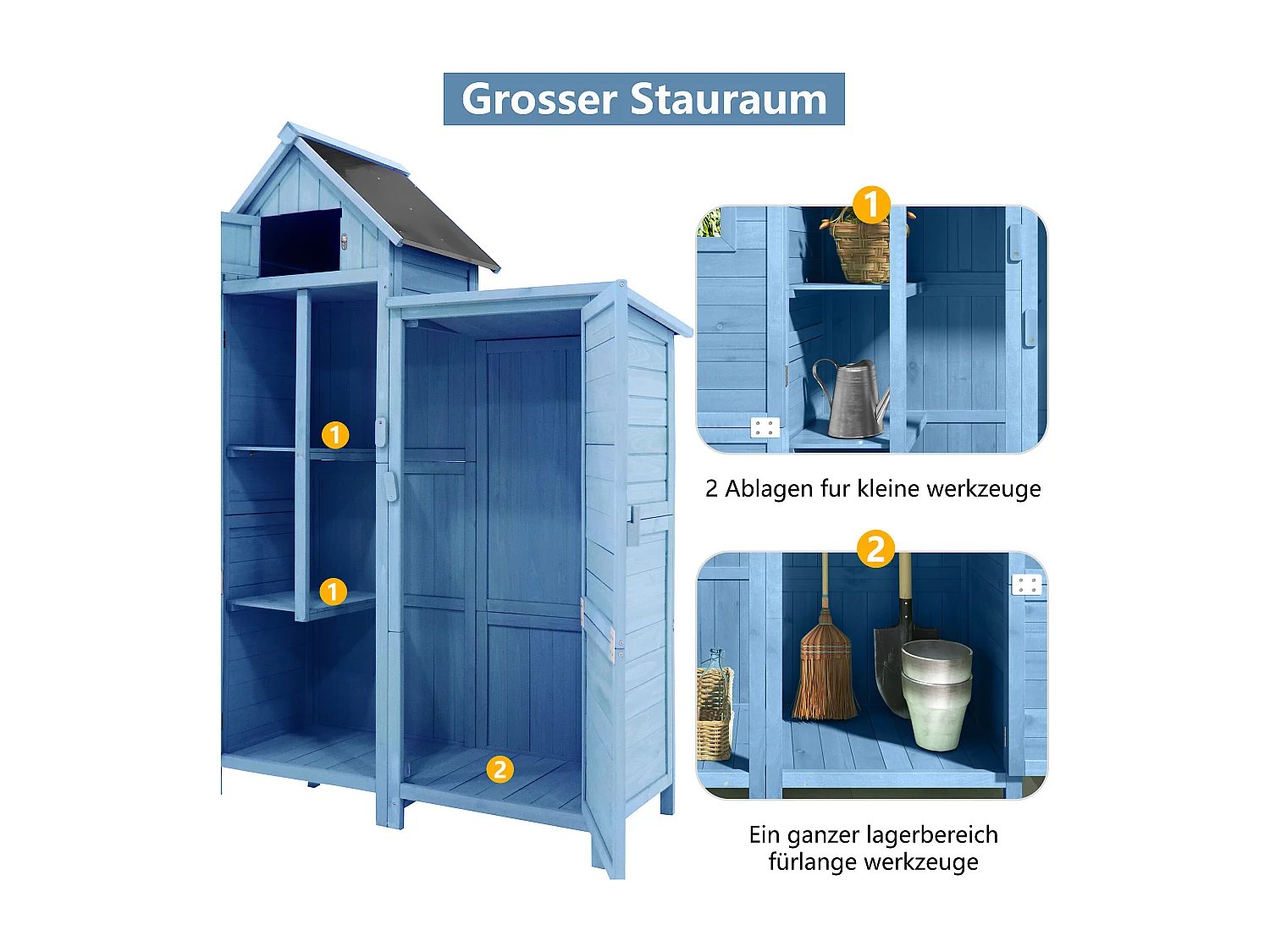 Massief houten tuinhuis met PVC schuin dak - 2 planken 3 klapdeuren - L118 x D54 x H173 cm - Blauw