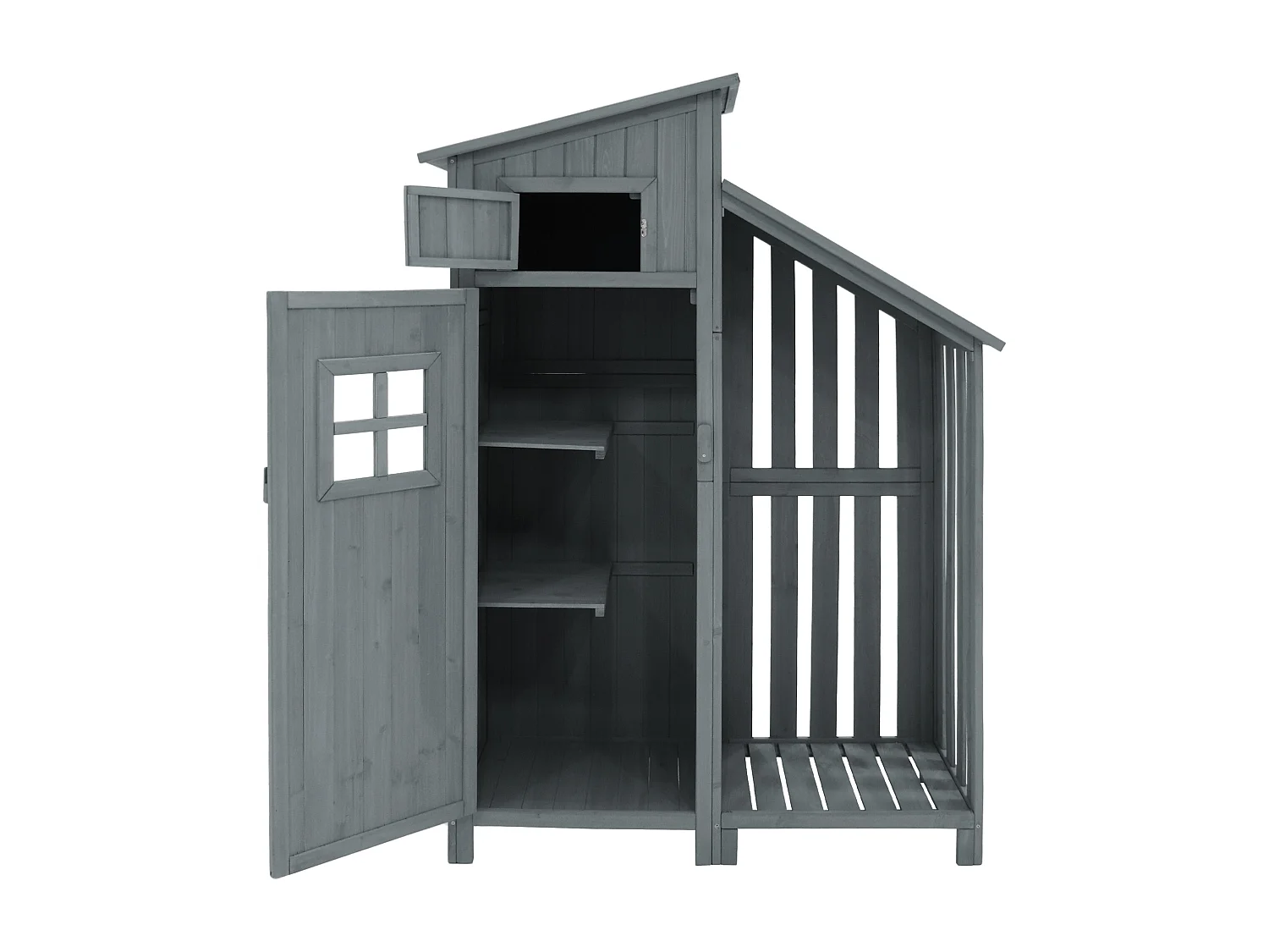 Casetta da giardino in legno massello con tetto spiovente in PVC - 2 ripiani 3 ante con chiusura - L124 x P46 x H174 cm - Grigio