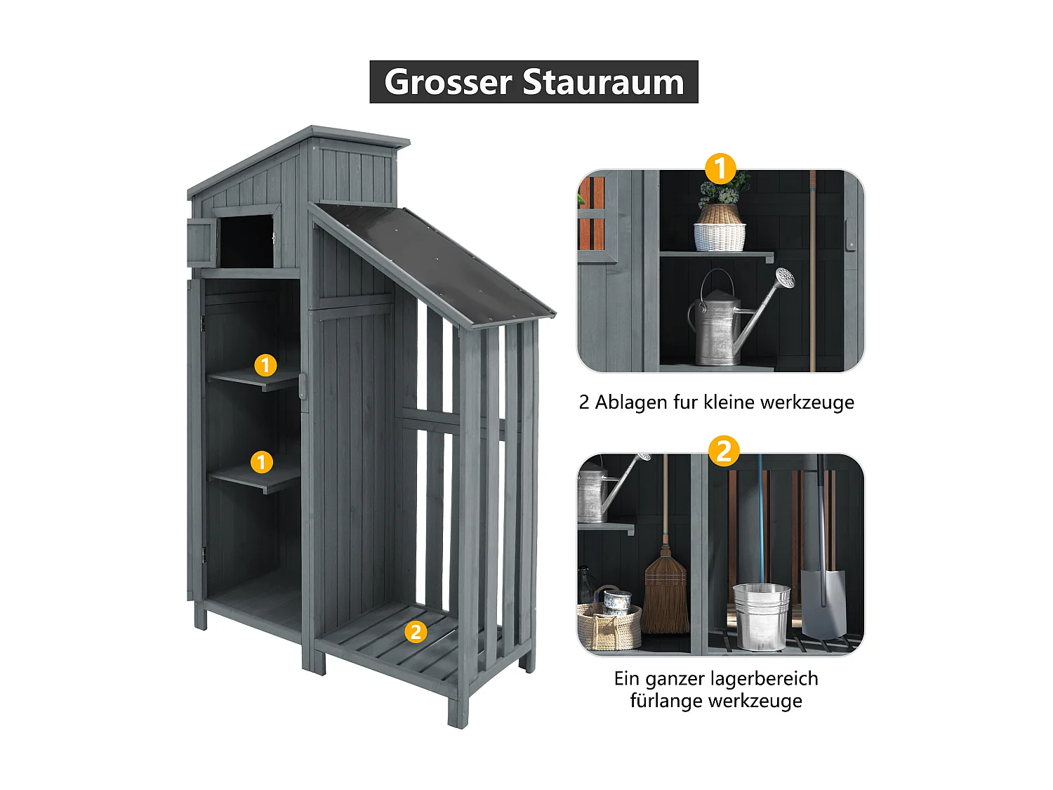 Casetta da giardino in legno massello con tetto spiovente in PVC - 2 ripiani 3 ante con chiusura - L124 x P46 x H174 cm - Grigio