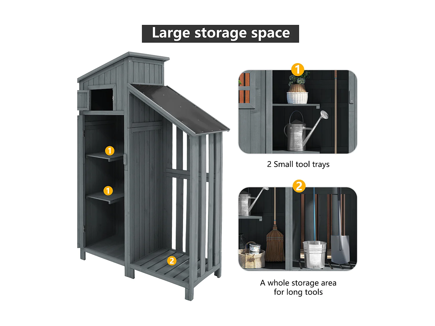 Casetta da giardino in legno massello con tetto spiovente in PVC - 2 ripiani 3 ante con chiusura - L124 x P46 x H174 cm - Grigio