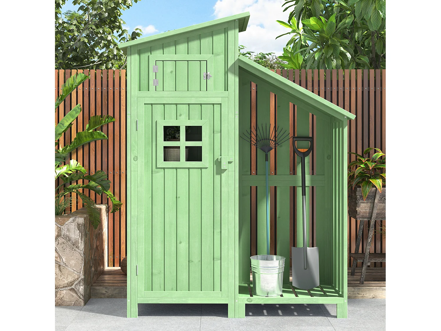Abri de jardin en bois massif avec toit pente en PVC - 2 étagères 3 portes loquets - L124 x P46 x H174 cm - Vert