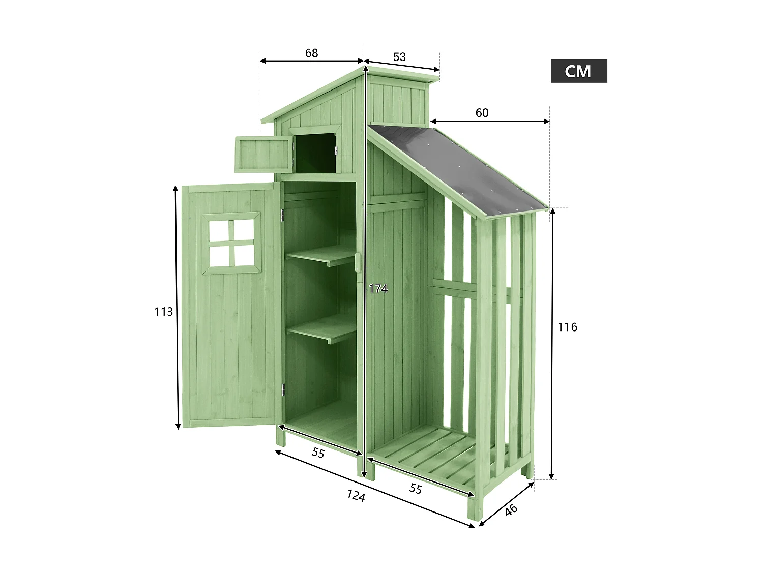 Abri de jardin en bois massif avec toit pente en PVC - 2 étagères 3 portes loquets - L124 x P46 x H174 cm - Vert