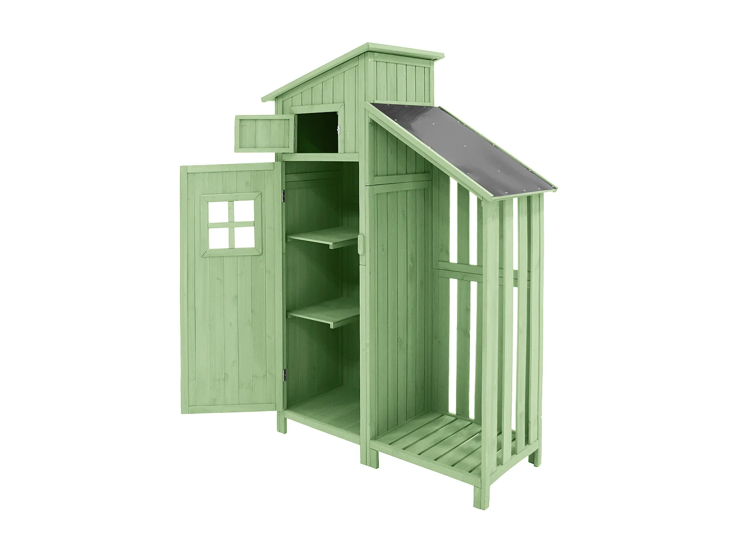 Massief houten tuinhuis met PVC schuin dak - 2 planken 3 klapdeuren - L124 x D46 x H174 cm - Groen