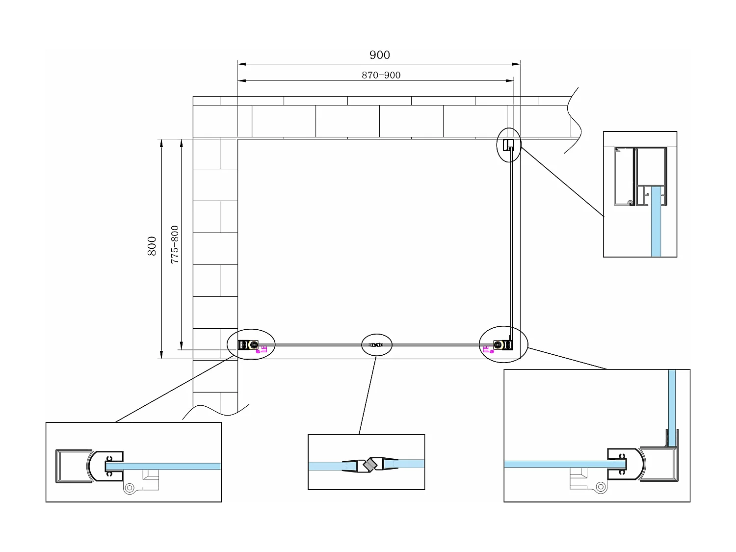 Douche de 6 mm avec un paroi fixe laterale et porte type saloon  (receveur non inclu) – 77,5-80 fixe x 87-90 saloon