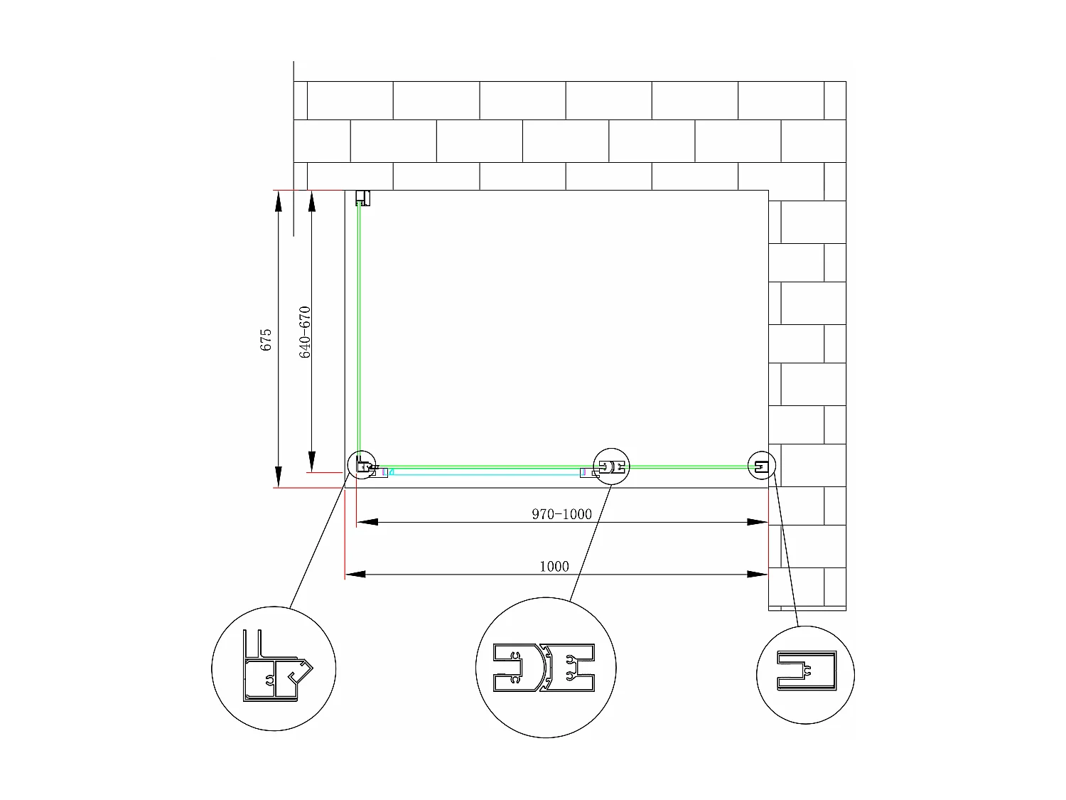 Douche de 6 mm avec paroi fixe laterale et face frontale avec porte battante (receveur non inclu) – 64-67 fixe x 97-100 petite mur+vantail (35+65)