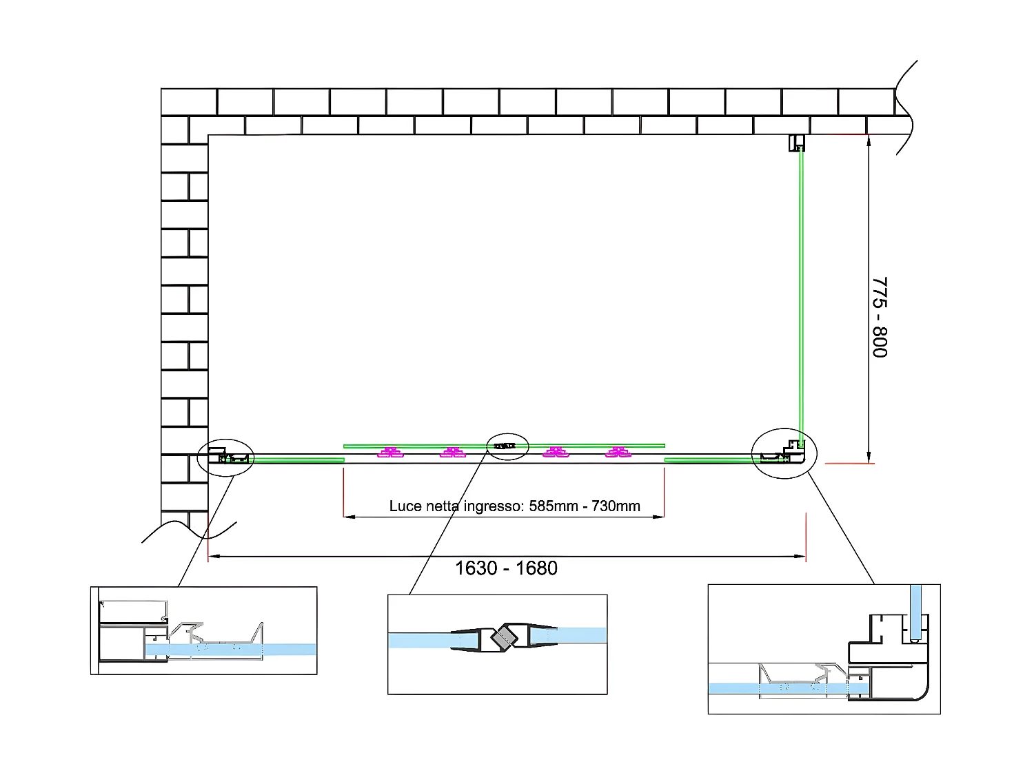 Box doccia 6 mm H 190 parete fissa e porta a 4 ante con apertura centrale MISURA 77,5-80 ANTA FISSA + PORTA 163-168