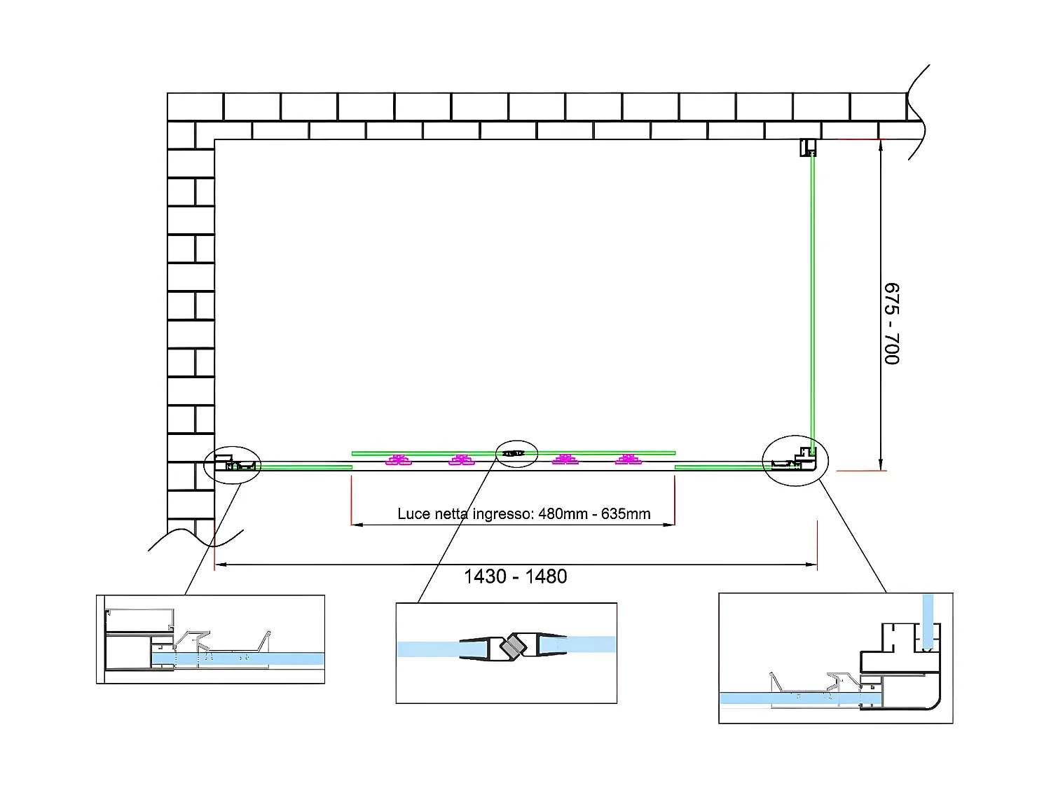 Box doccia 6 mm H 190 parete fissa e porta a 4 ante con apertura centrale MISURA 67,5-70 ANTA FISSA + PORTA 143-148