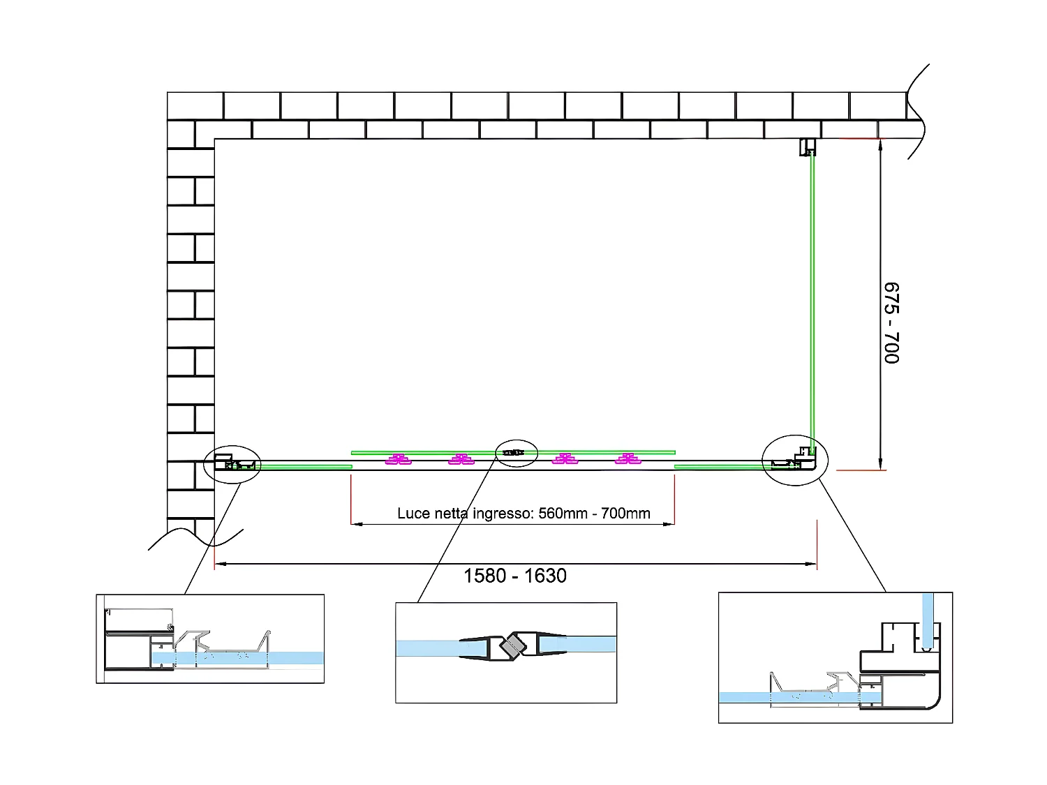 Box doccia 6 mm H 190 parete fissa e porta a 4 ante con apertura centrale MISURA 67,5-70 ANTA FISSA + PORTA 158-163