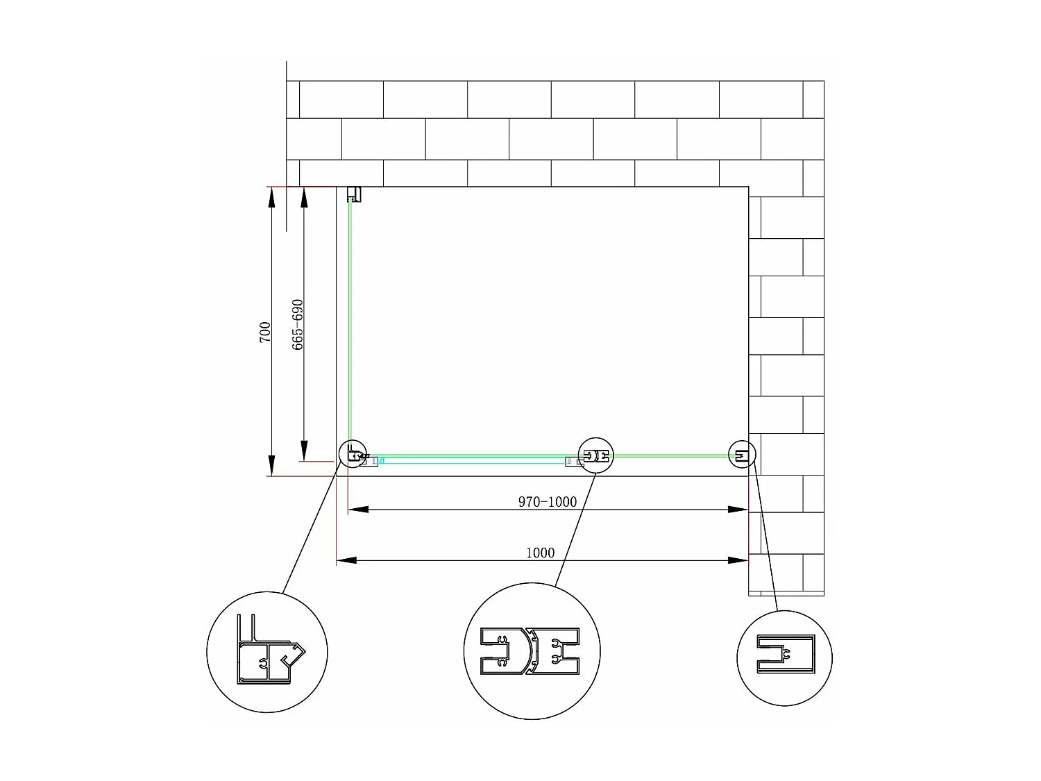 Douche de 6 mm avec paroi fixe laterale et face frontale avec porte battante (receveur non inclu) – 66,5-69 fixe x 97-100 petite mur+vantail (35+65)