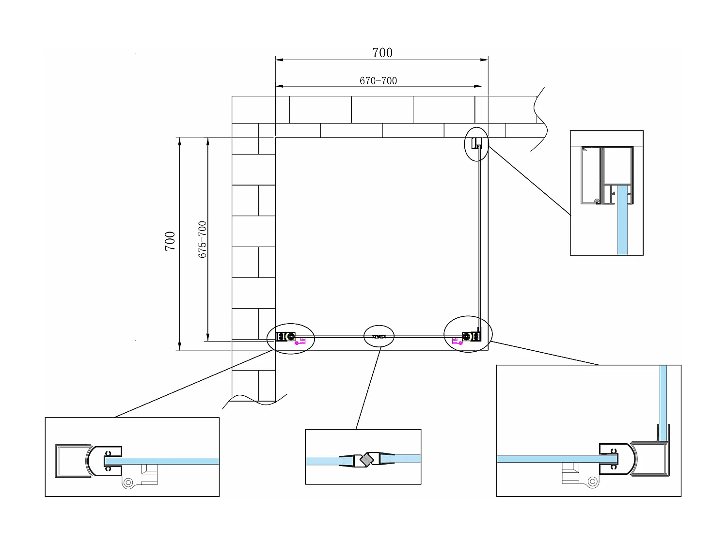 Douche de 6 mm avec un paroi fixe laterale et porte type saloon  (receveur non inclu) – 67,5-70 fixe x 67-70 saloon