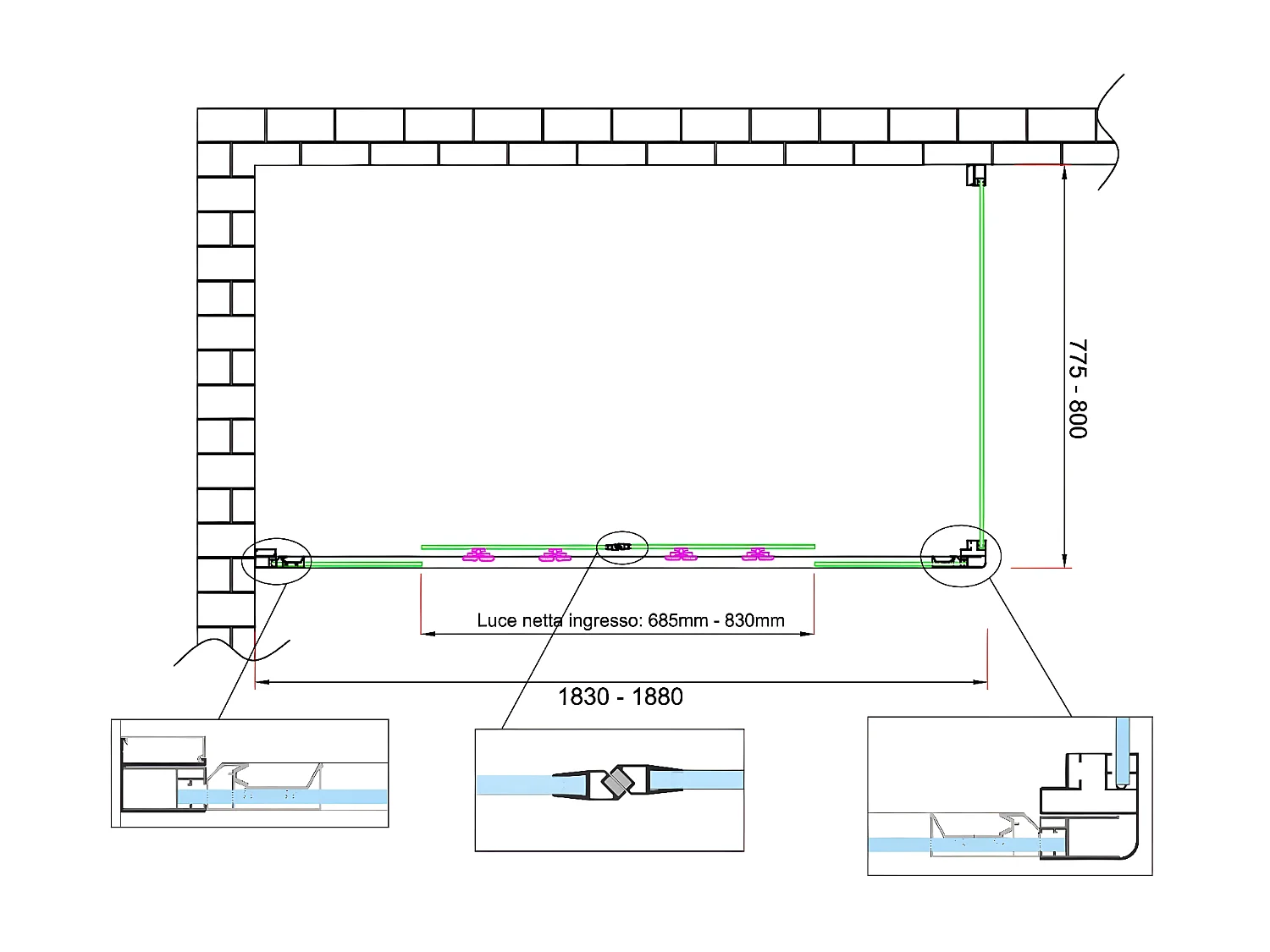 Box doccia 6 mm H 190 parete fissa e porta a 4 ante con apertura centrale MISURA 77,5-80 ANTA FISSA + PORTA 183-188