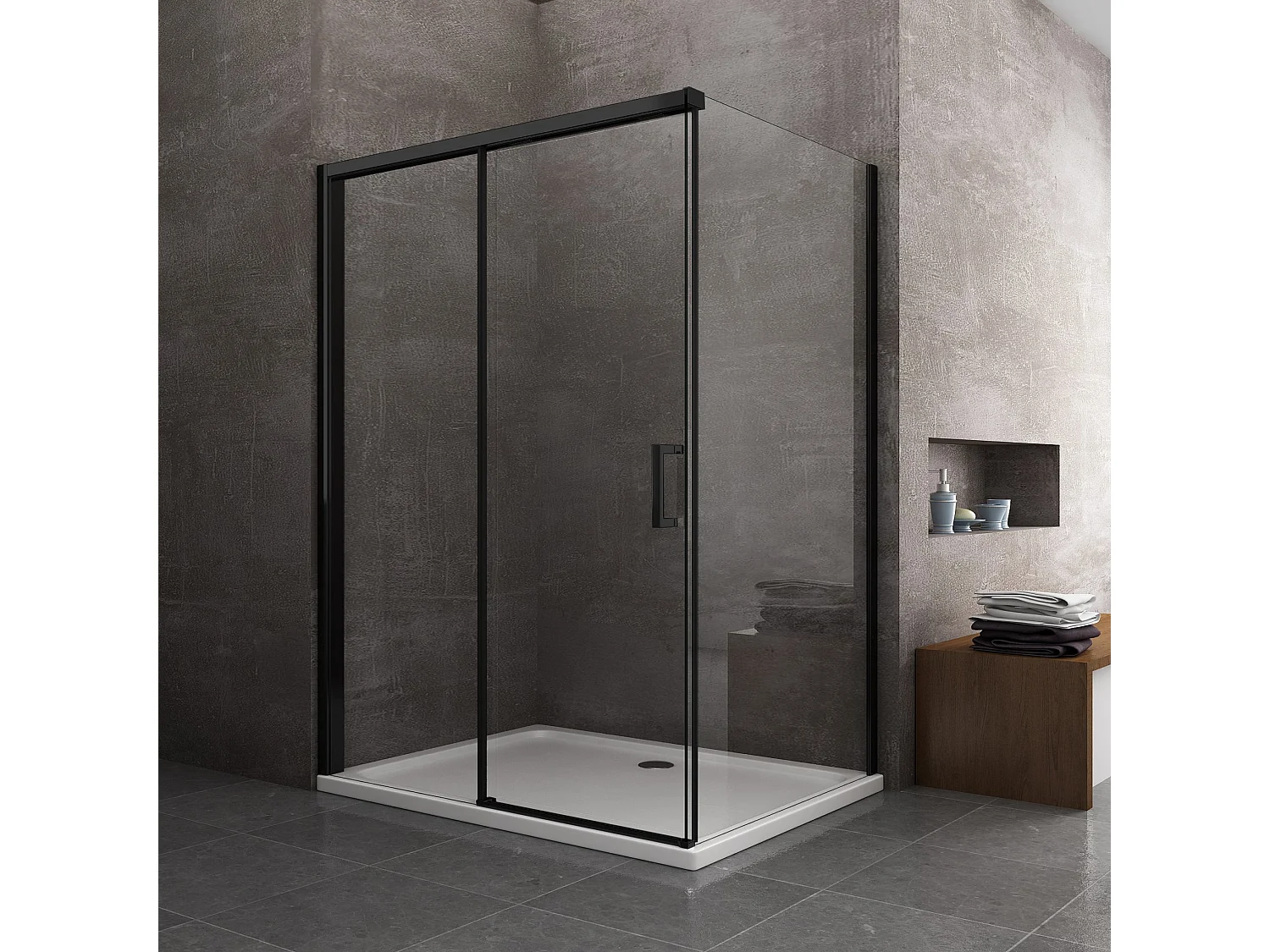 Box Doccia Con Parete Fissa Laterale e Porta Frontale Con Chiusura Soft Close Ammortizzata H200 8MM Telaio Nero Opaco Cm 80(78-80)x170(167-170)