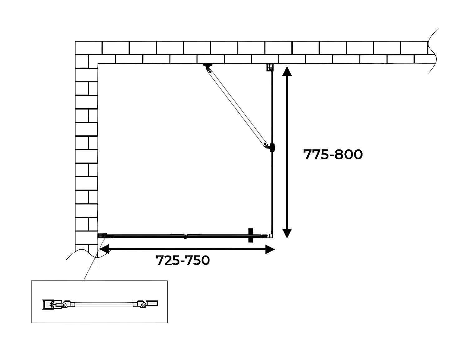 Douche pliante avec ouverture vers l'interieur et un paroi fixe H. 190 - 77,5-80 Fixe – 72,5-75 Porte