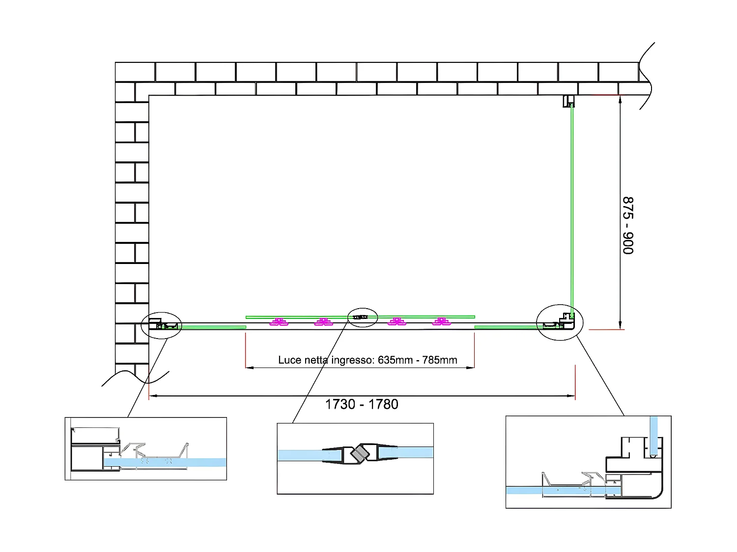 Box doccia 6 mm H 190 parete fissa e porta a 4 ante con apertura centrale MISURA 87,5-90 ANTA FISSA + PORTA 173-178