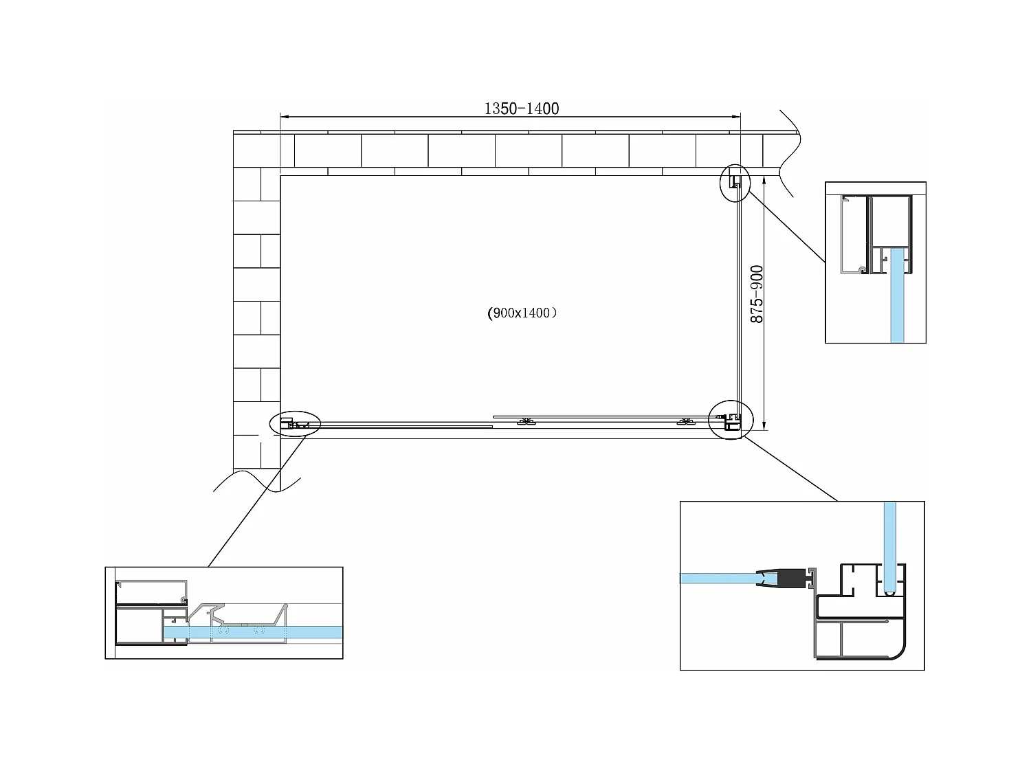 Douche de 6 mm avec un paroi fixe laterale et une porte coulissante (receveur non inclu)  – 87,5-90 fixe x 135-140 coulissante