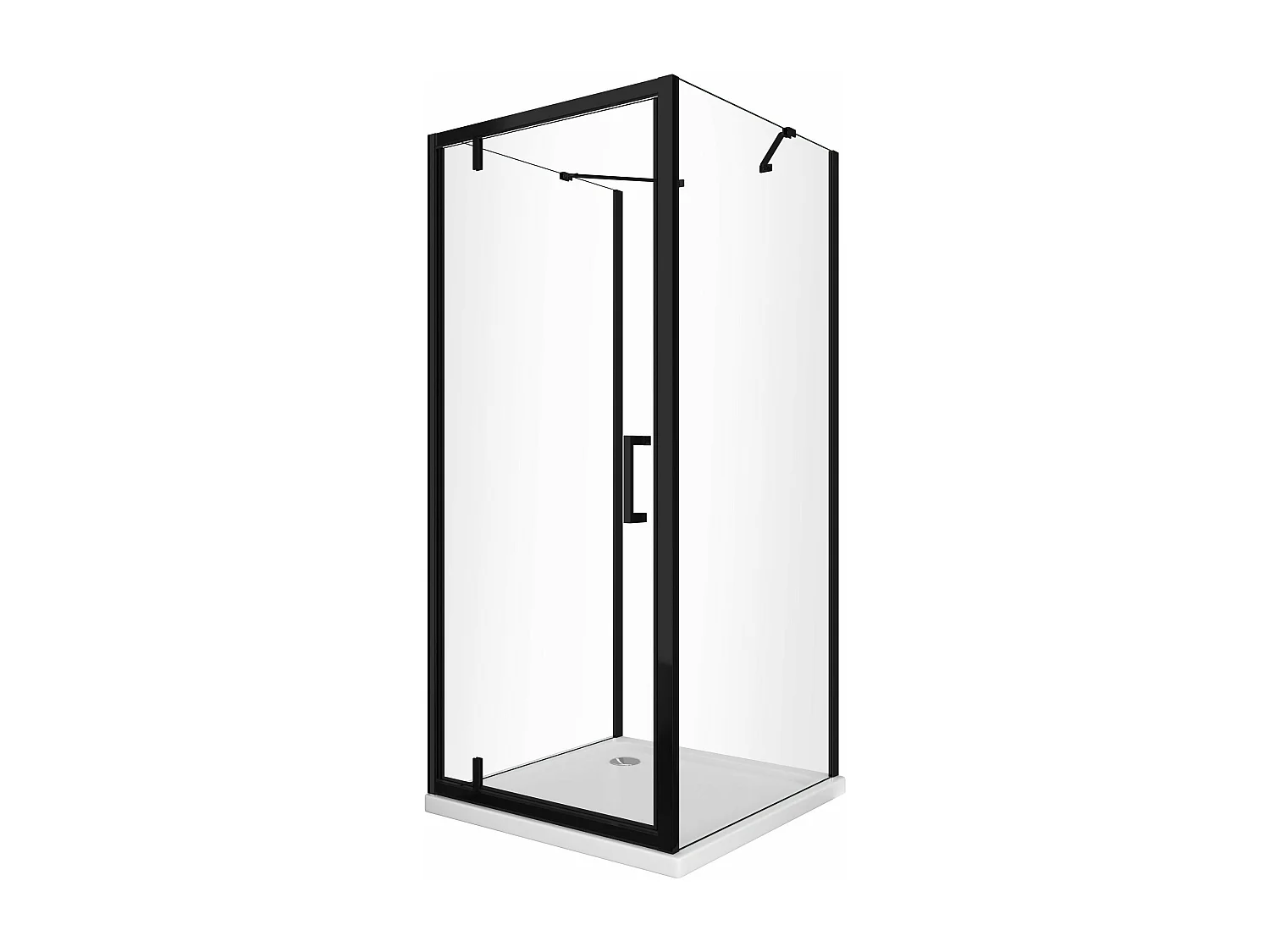 Douche à 3 côtés avec 2 parois latérales fixes + 1 porte battante frontale roto-translante 8 mm H200 en noir mat, 75(73-75) FIXE+PORTE 120(118-121)