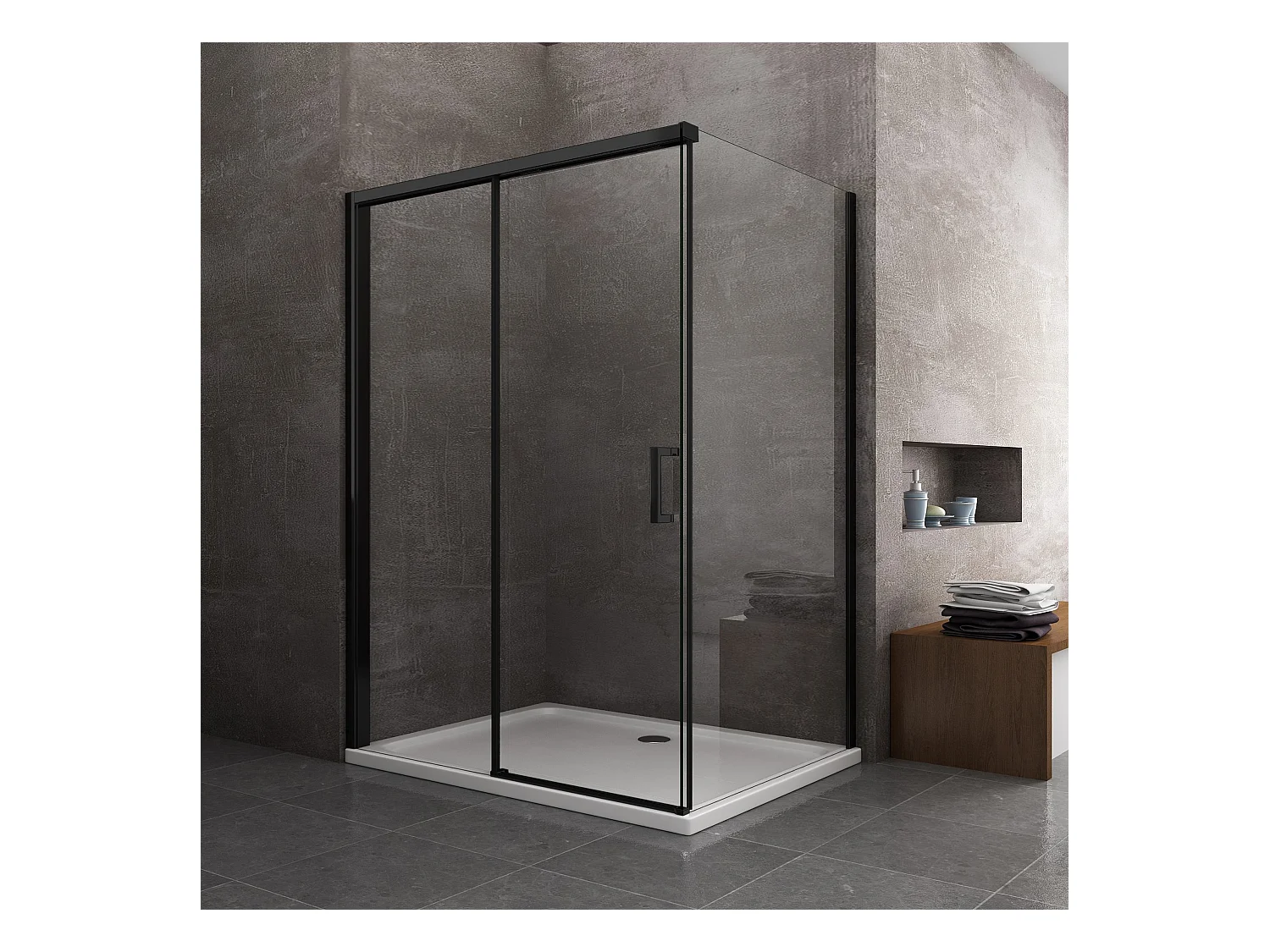 Douche d'angle avec paroi latérale fixe et porte frontale avec fermeture douce amortie H 200 8 mm cadre noir mat Cm 110 (108-110) x 140 (137-140)