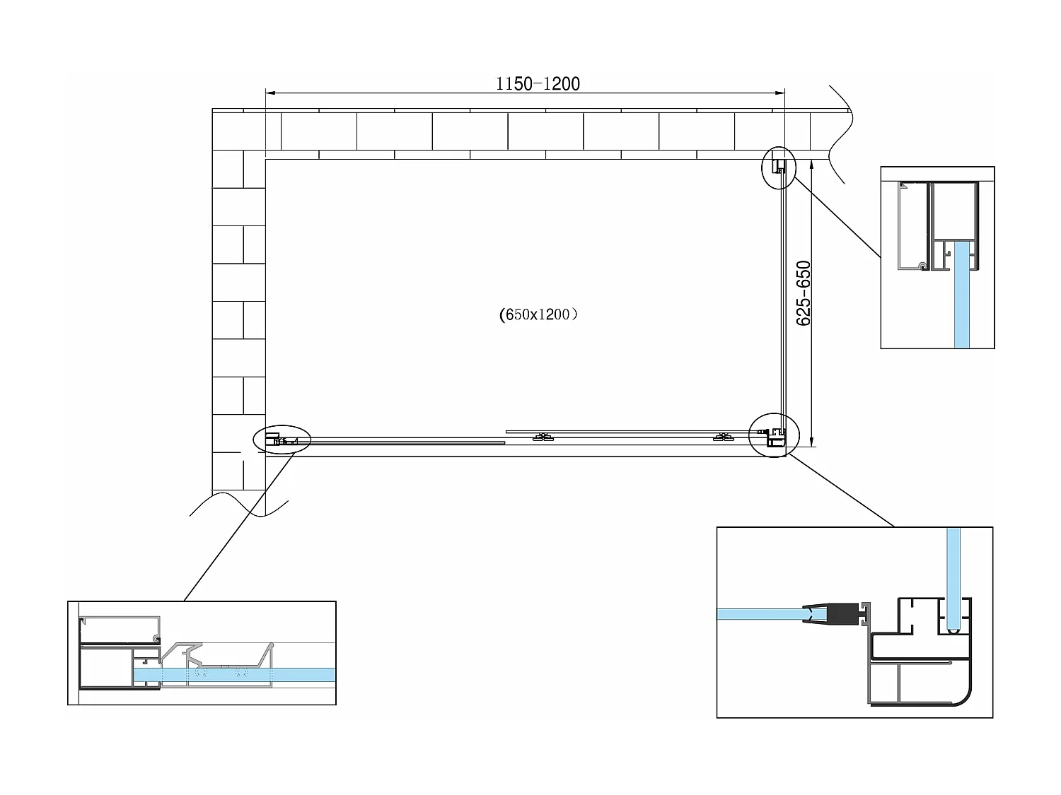 Douche de 6 mm avec un paroi fixe laterale et une porte coulissante (receveur non inclu)  – 62,5-65 fixe x 115-120 coulissante