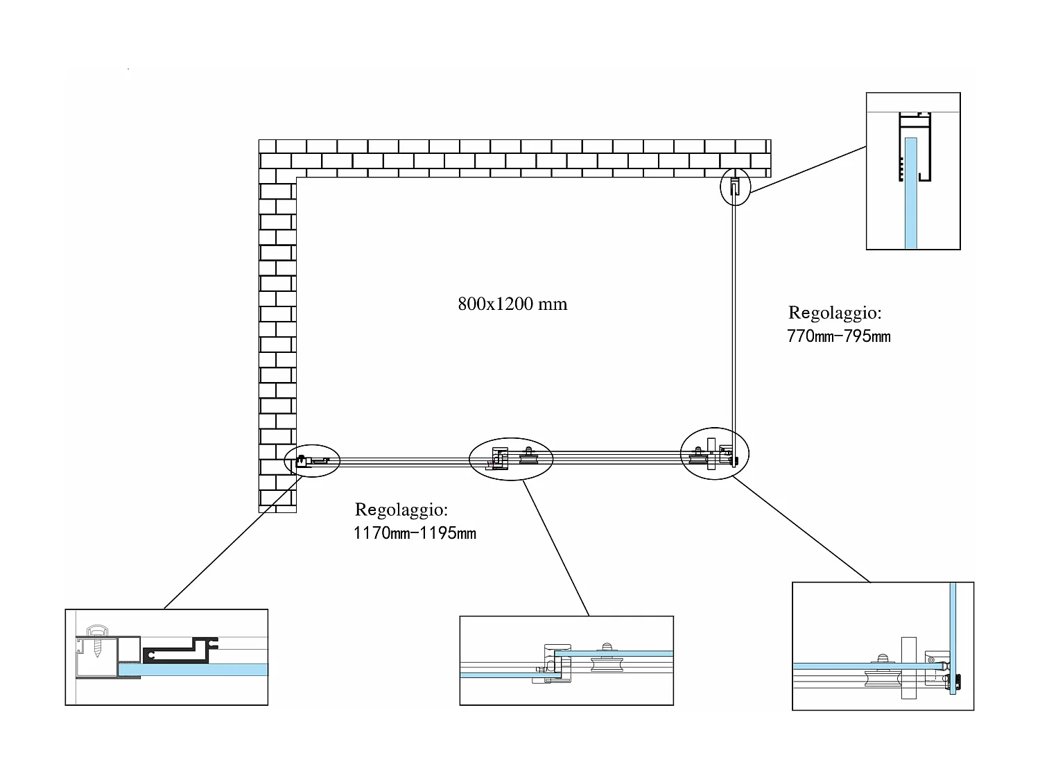 Box doccia 8 MM a 2 lati parete fissa laterale + porta scorrevole reversibile altezza 190 cm 80x120