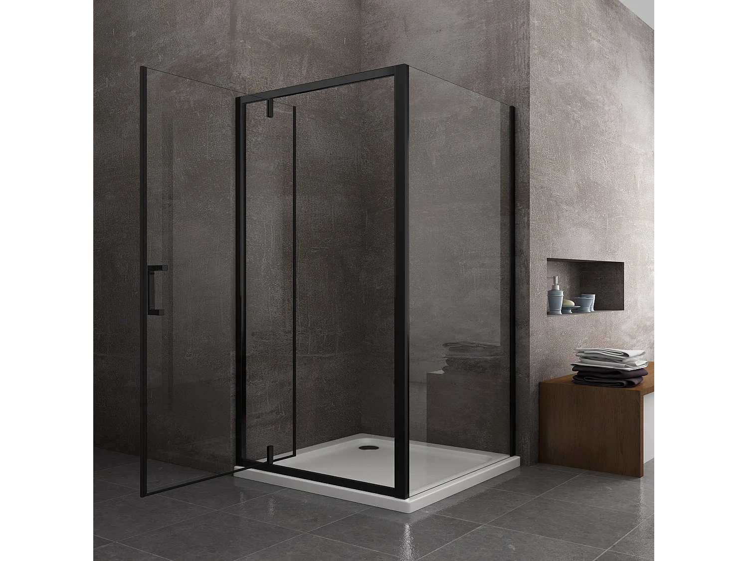 Douche avec paroi latérale fixe et porte roto-translante avec pivots asymétriques, verre 8 mm H 200 noir mat 80 (78-80) FIXE x PORTE 70 (67-70)