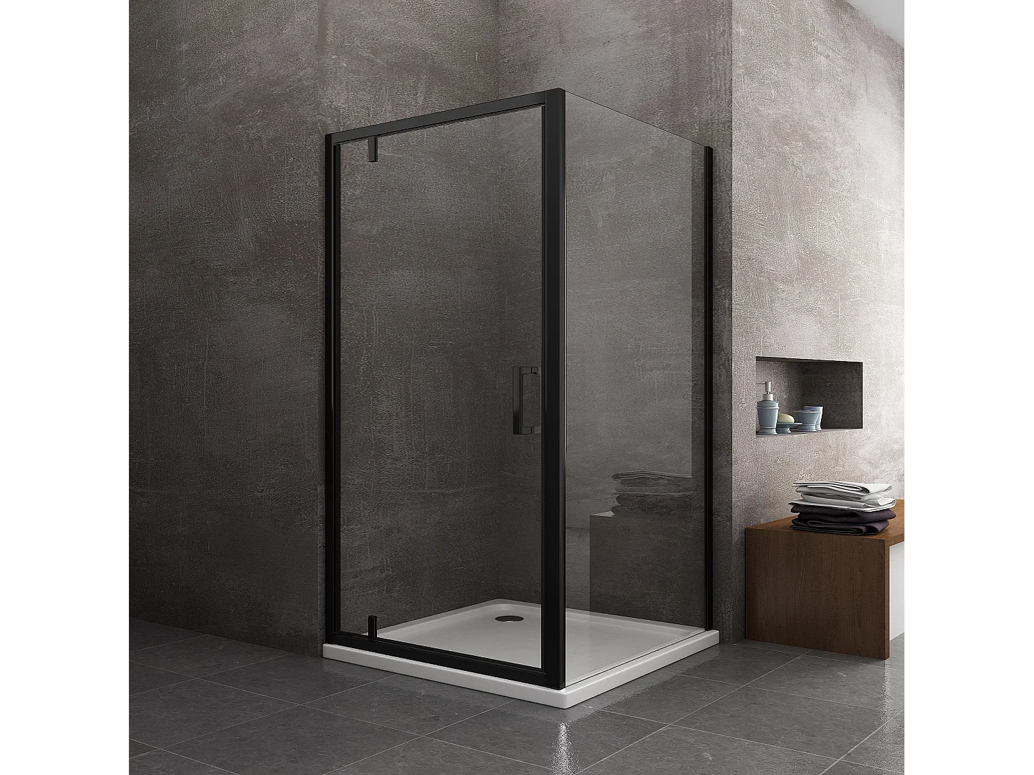 Douche avec paroi latérale fixe et porte roto-translante avec pivots asymétriques, verre 8 mm H 200 noir mat 80 (78-80) FIXE x PORTE 70 (67-70)