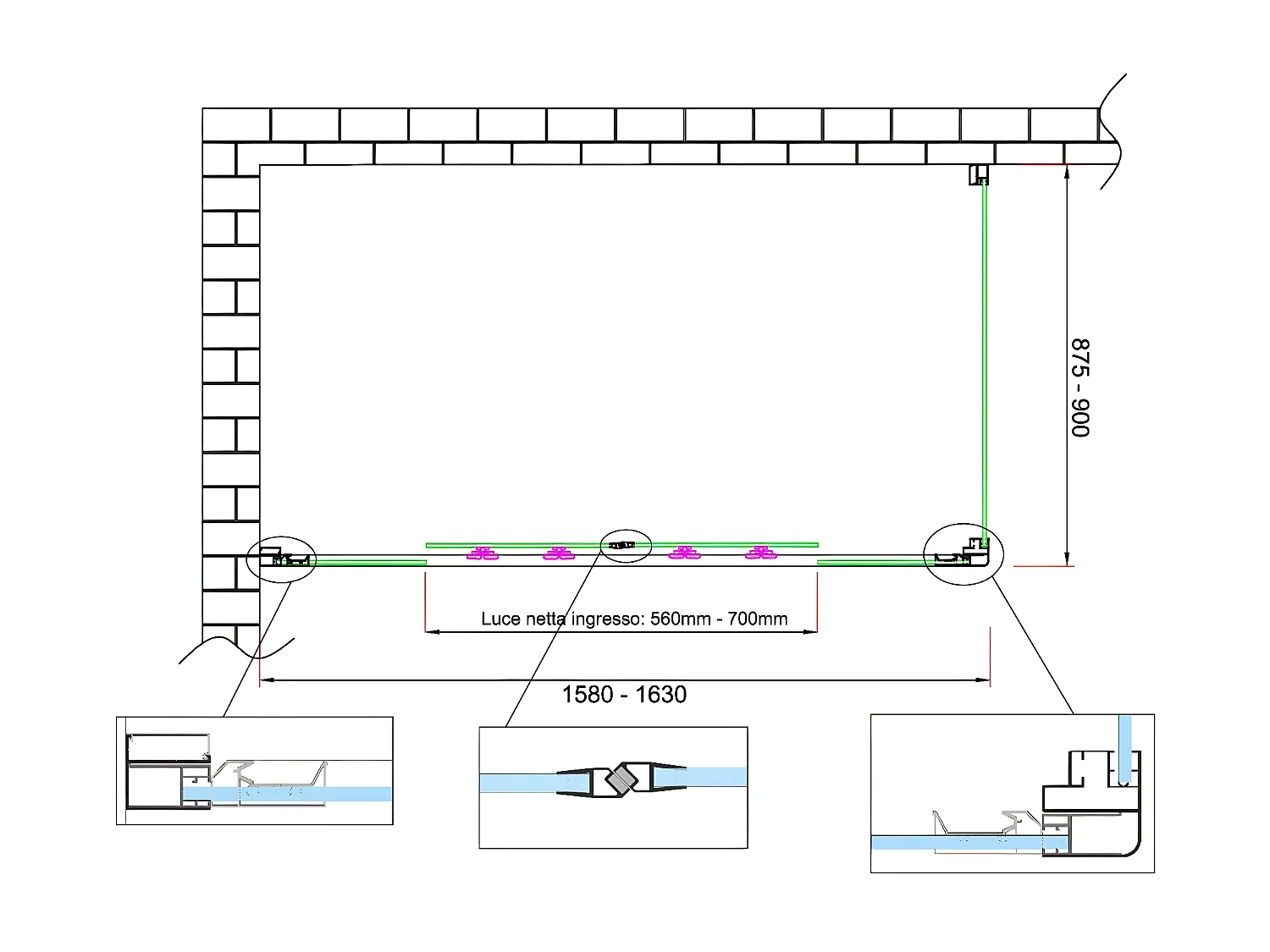 Box doccia 6 mm H 190 parete fissa e porta a 4 ante con apertura centrale MISURA 87,5-90 ANTA FISSA + PORTA 158-163