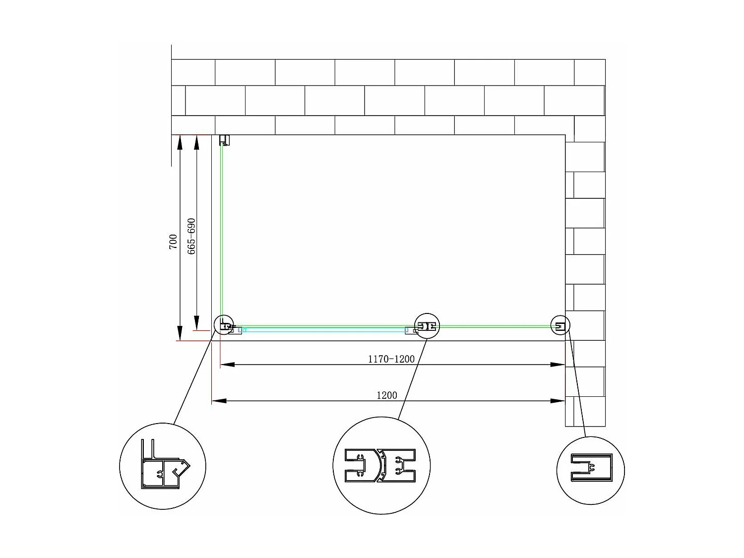 Box doccia angolare parete fissa e porta battente e fisso in linea vetro 6 mm reversibile Misura Fisso 66,5-69 porta 117-120 (35+65)