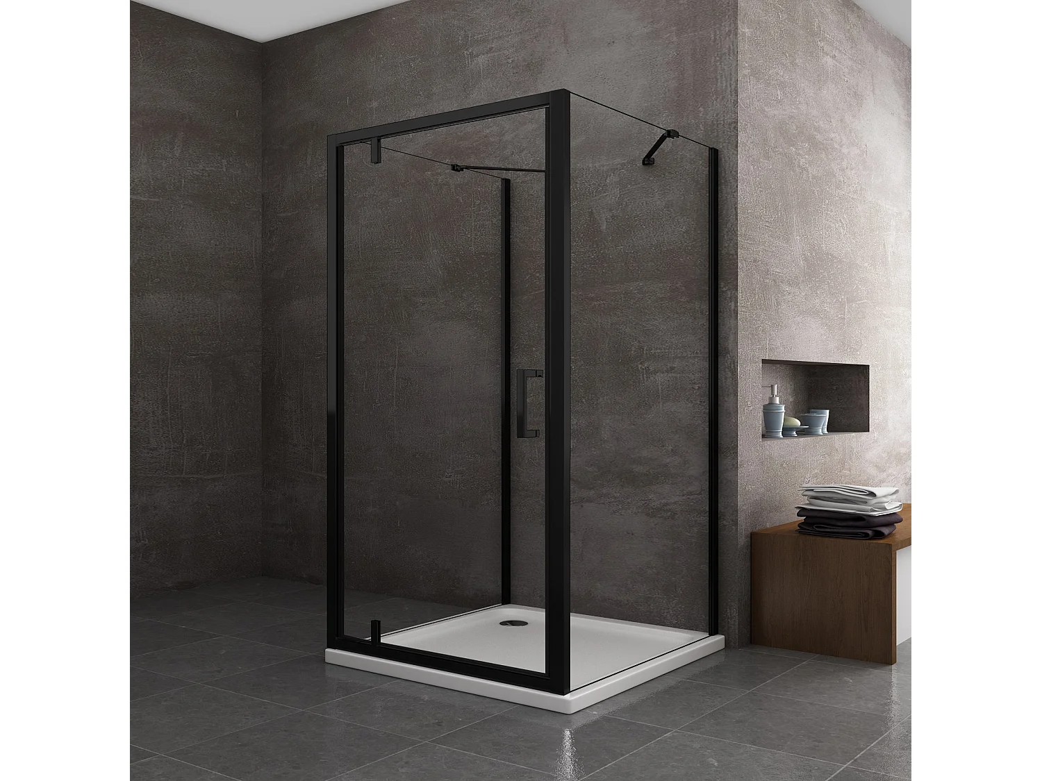 Douche à 3 côtés avec 2 parois latérales fixes + 1 porte battante frontale roto-translante 8 mm H200 en noir mat, 100(98-100) FIXE+PORTE 75(73-76)