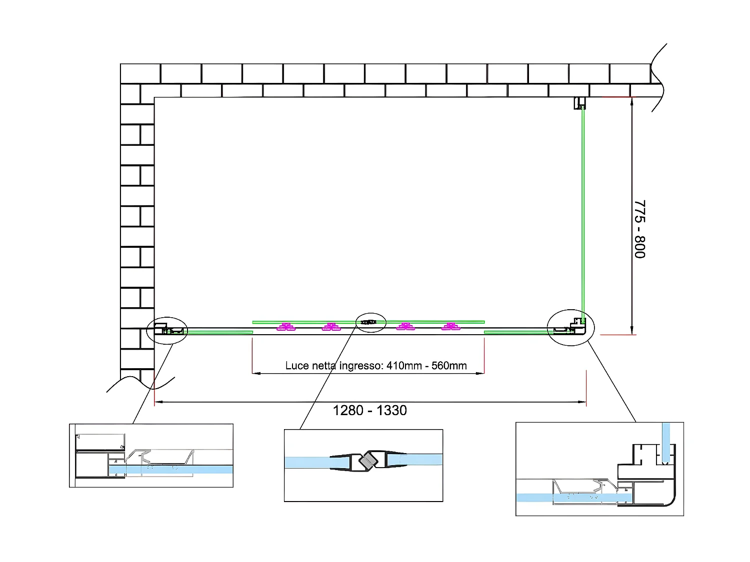 Box doccia 6 mm H 190 parete fissa e porta a 4 ante con apertura centrale MISURA 77,5-80 ANTA FISSA + PORTA 128-133