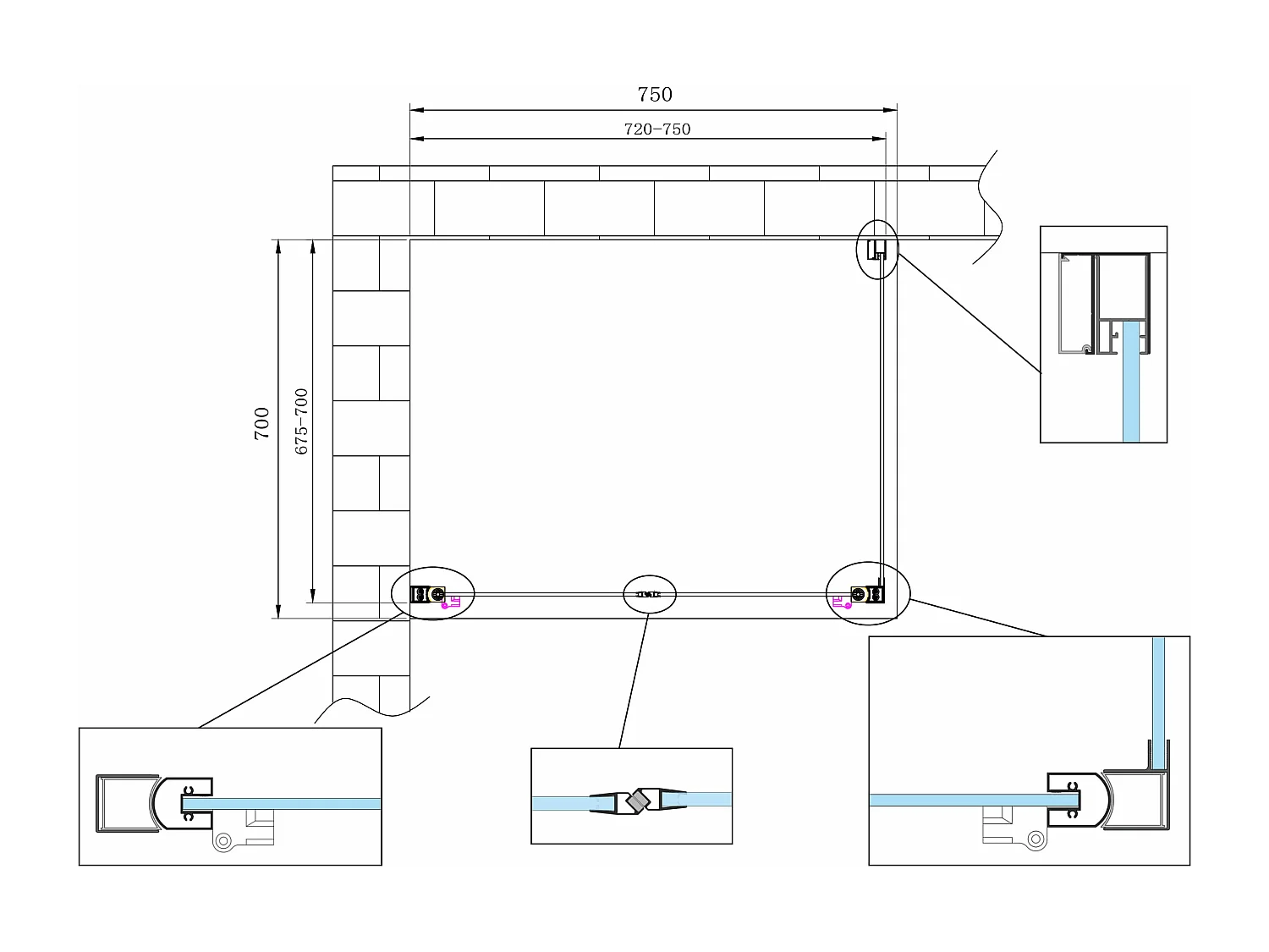Douche de 6 mm avec un paroi fixe laterale et porte type saloon  (receveur non inclu) – 67,5-70 fixe x 72-75 saloon