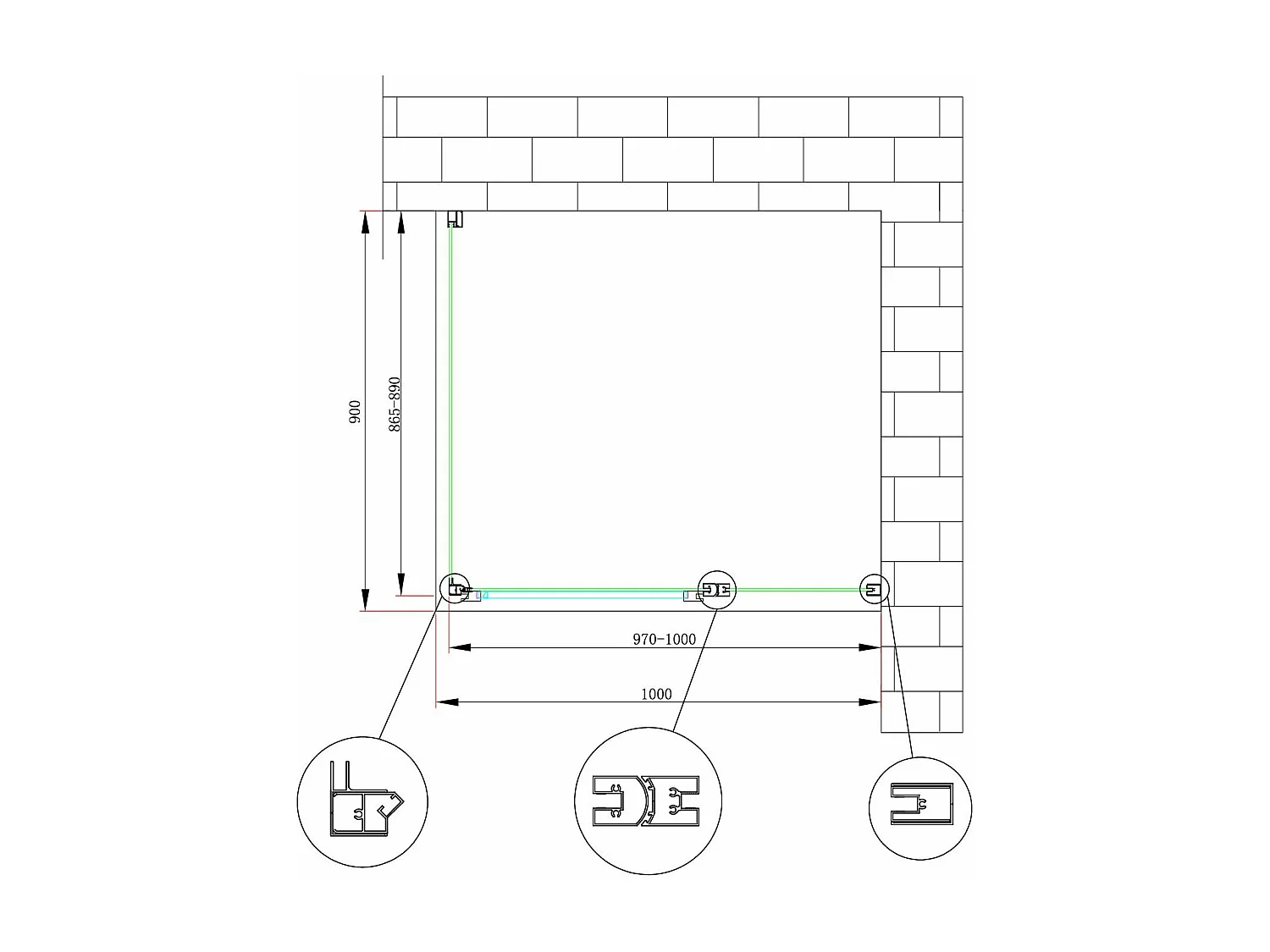Douche de 6 mm avec paroi fixe laterale et face frontale avec porte battante (receveur non inclu) – 86,5-89 fixe x 97-100 petite mur+vantail (35+65)