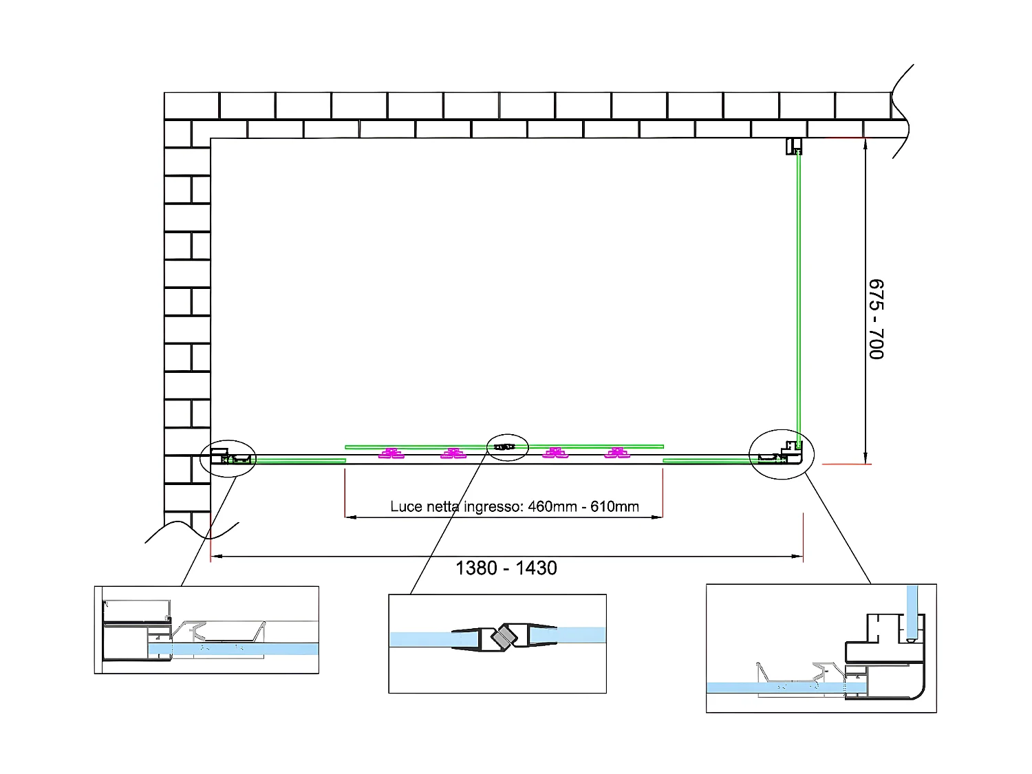 Box doccia 6 mm H 190 parete fissa e porta a 4 ante con apertura centrale MISURA 67,5-70 ANTA FISSA + PORTA 138-143