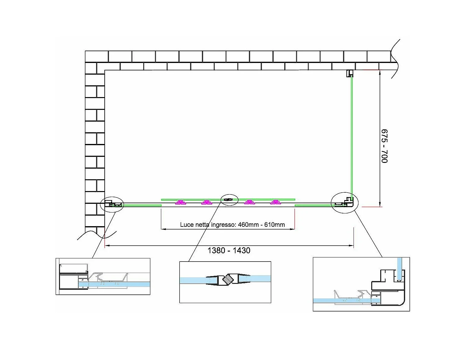 Douche de 6 mm avec un mur fixe et quatre portes avec ouverture centrale H.190 receveur de douche non inclu 67,5-70 fixe x 138-143 ouverture centrale