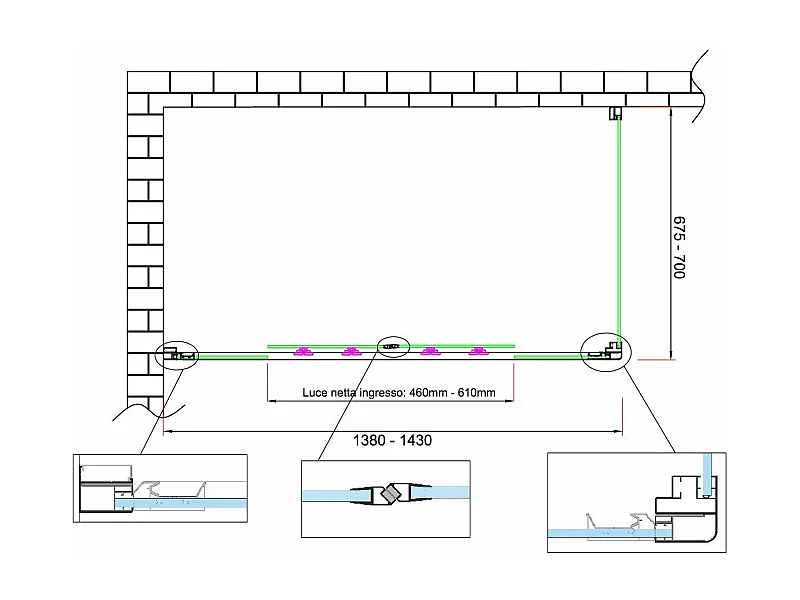Douche de 6 mm avec un mur fixe et quatre portes avec ouverture centrale H.190 receveur de douche non inclu 67,5-70 fixe x 138-143 ouverture centrale