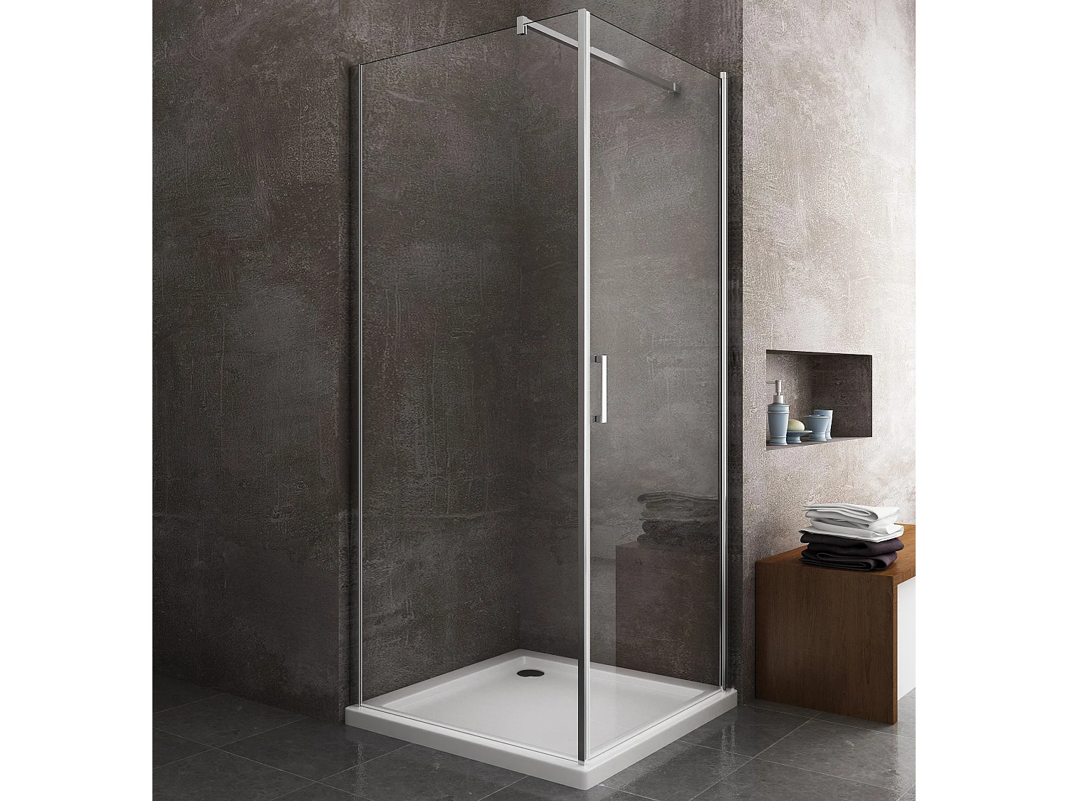Douche de 8 mm avec porte à battant et paroi fixe laterale  H.200 (receveur non inclu)–  72-74 porte x 98,5-100,5 fixe