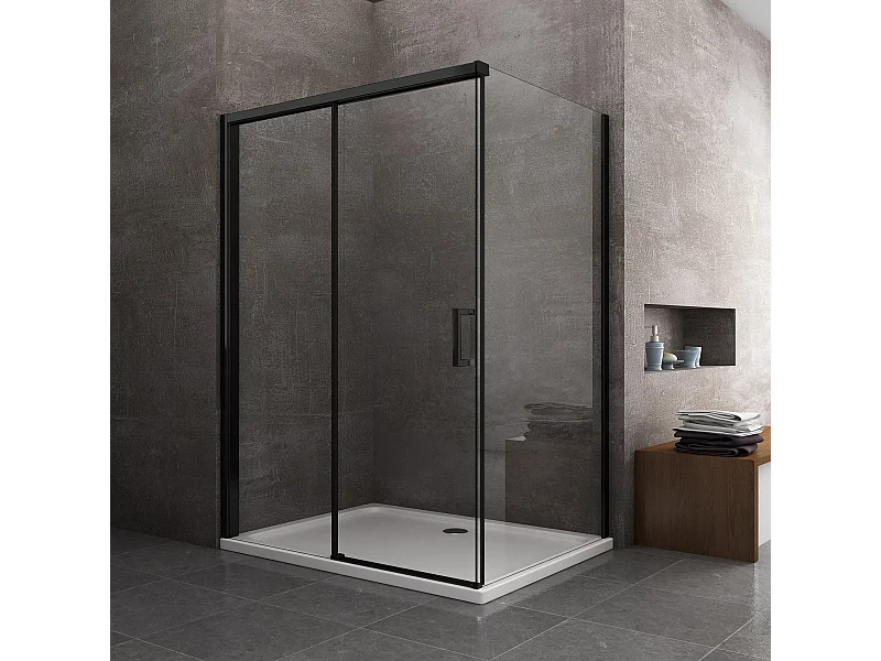 Box Doccia Con Parete Fissa Laterale e Porta Frontale Con Chiusura Soft Close Ammortizzata H200 8MM Telaio Nero Opaco Cm 100(98-100 )x170(167-170)