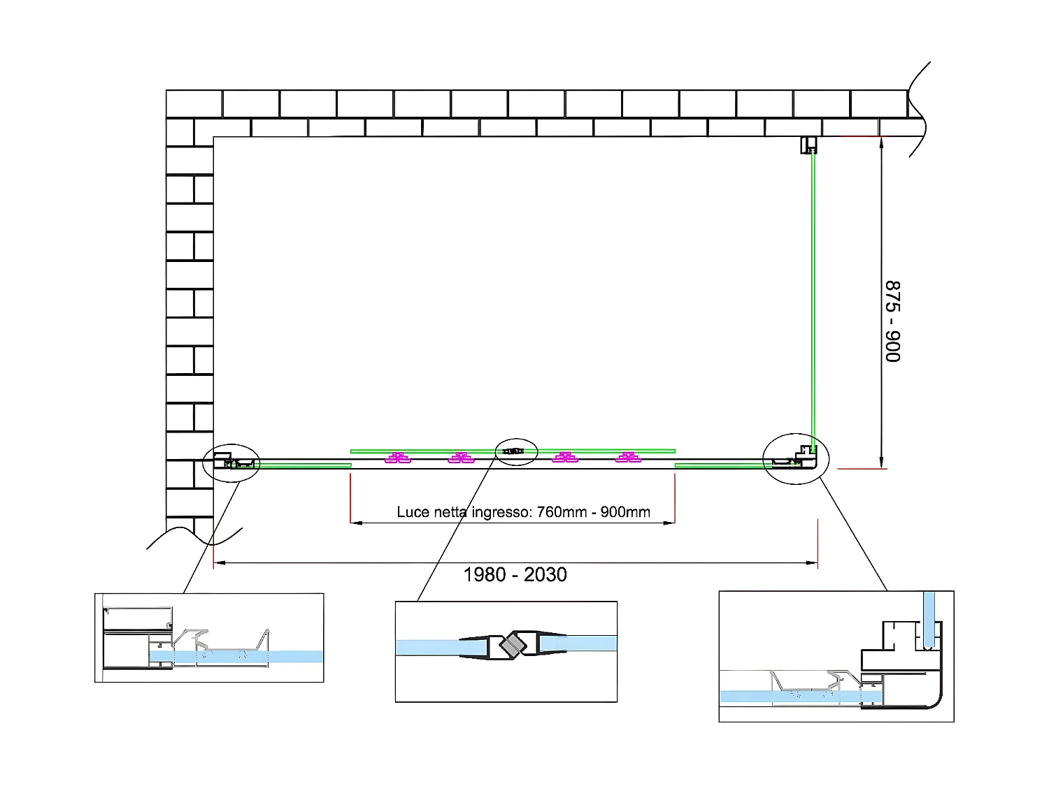 Box doccia 6 mm H 190 parete fissa e porta a 4 ante con apertura centrale MISURA 87,5-90 ANTA FISSA + PORTA 198-203